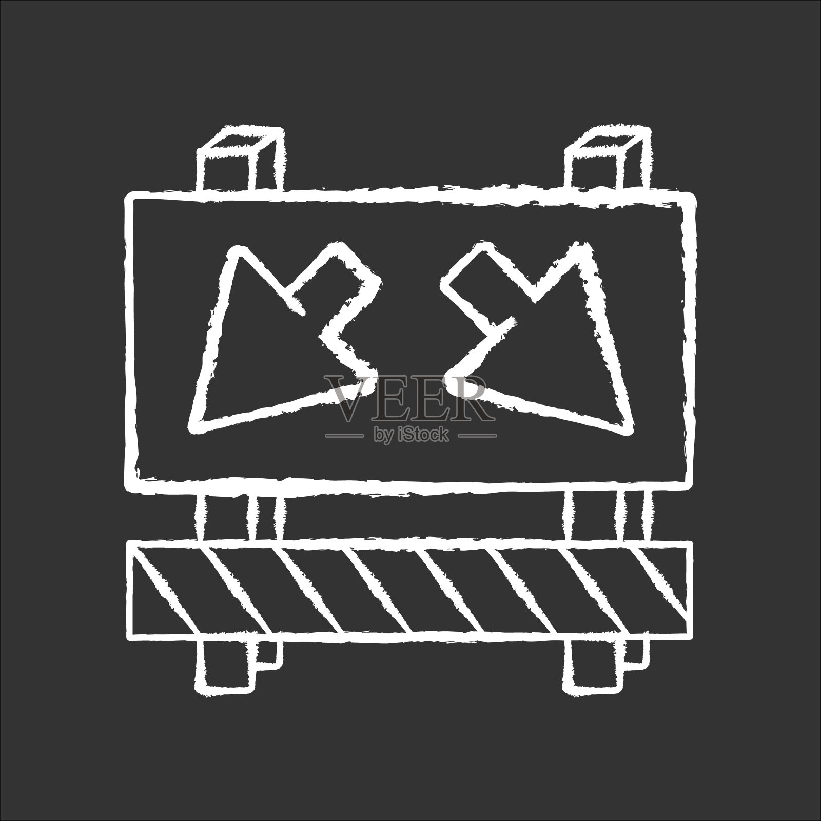 迂回粉笔白色图标上的黑色背景。前方道路工程标志。改变路线的路标。用箭头在街上设置路障。在高速公路上绕道。孤立矢量黑板插图图标素材