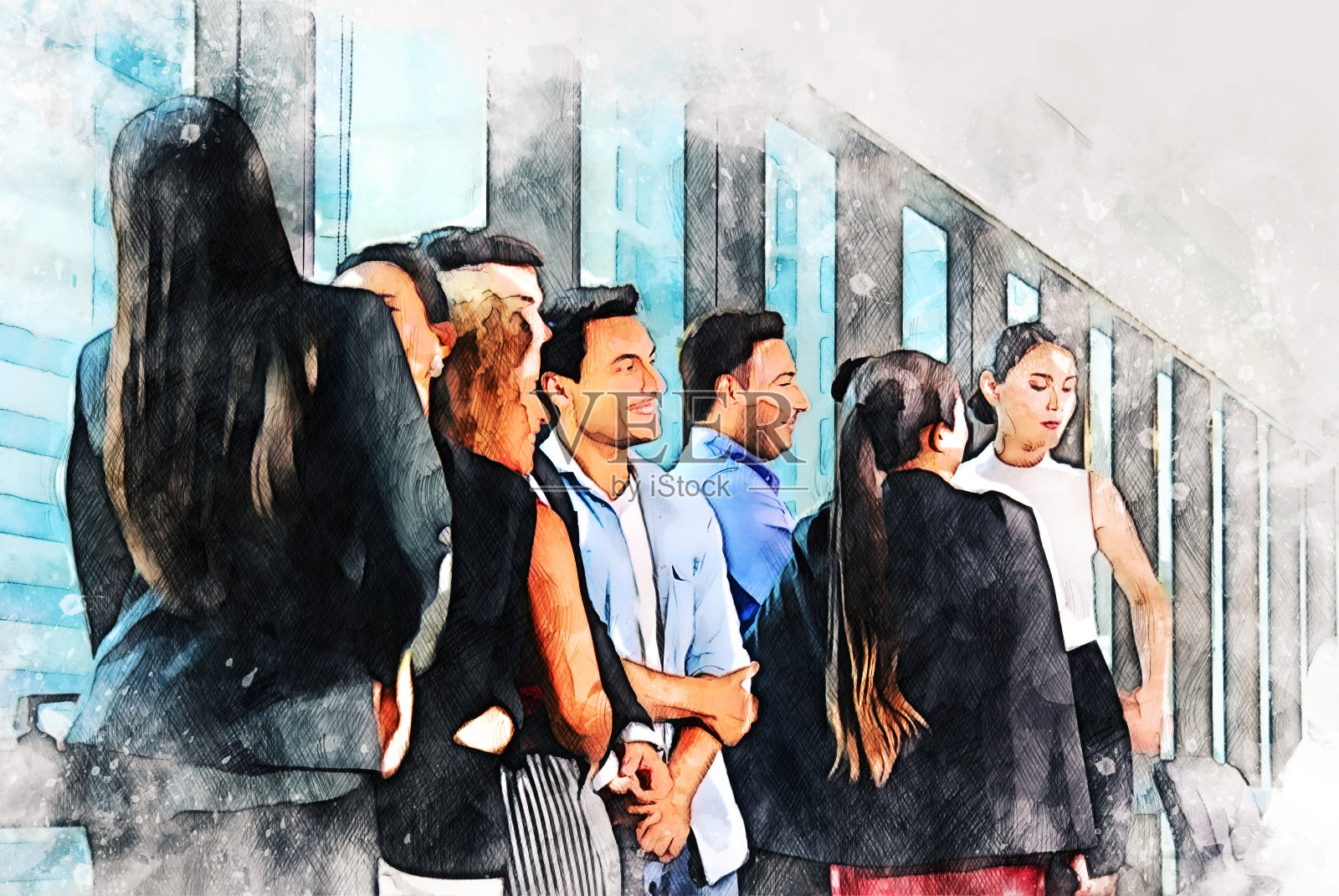 抽象多彩的商务团队会议理念，以水彩插画为背景。插画图片素材