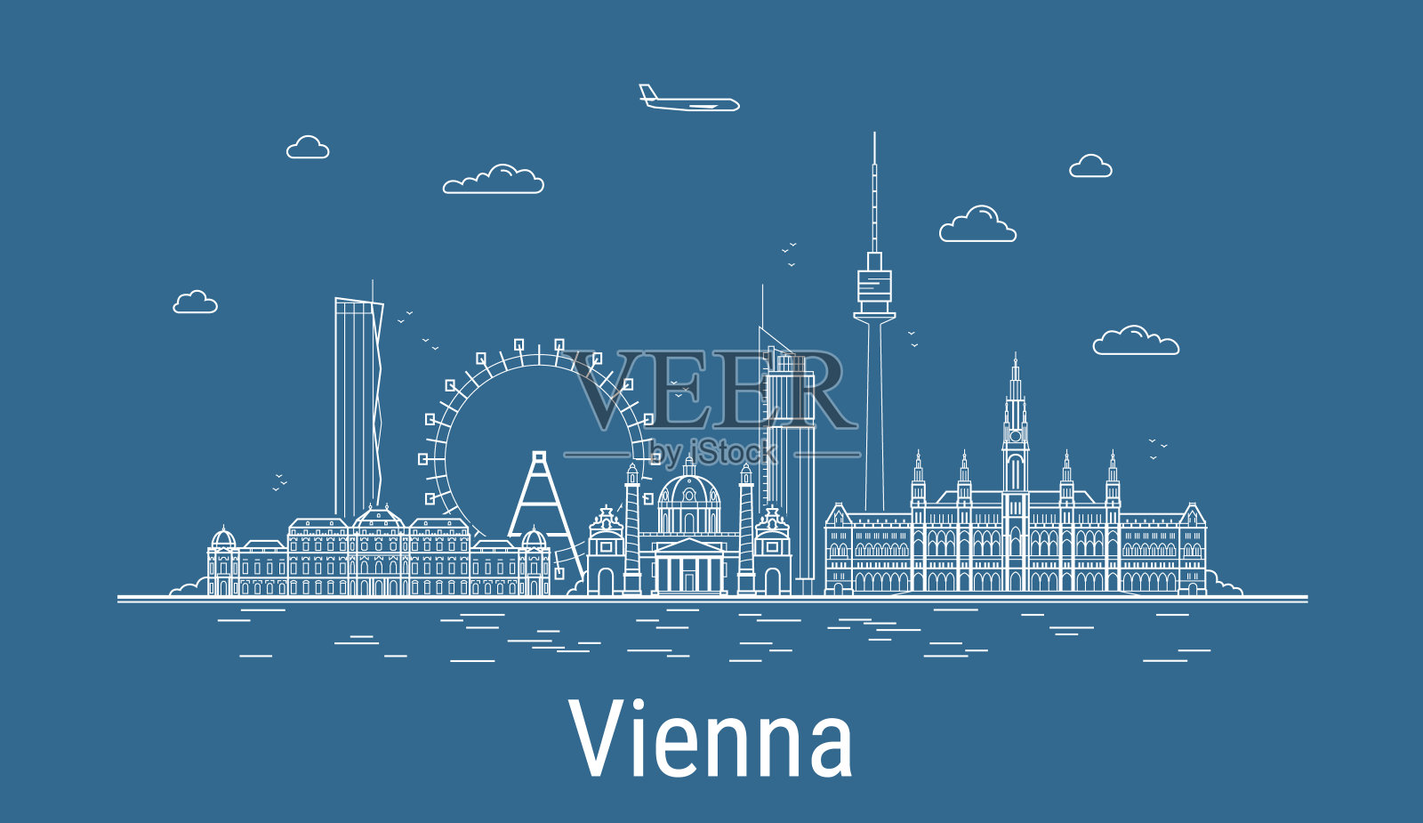 维也纳城市，线艺术矢量插图与所有著名的建筑。Showplace的线性横幅。现代建筑组成，城市景观。维也纳的建筑集。插画图片素材