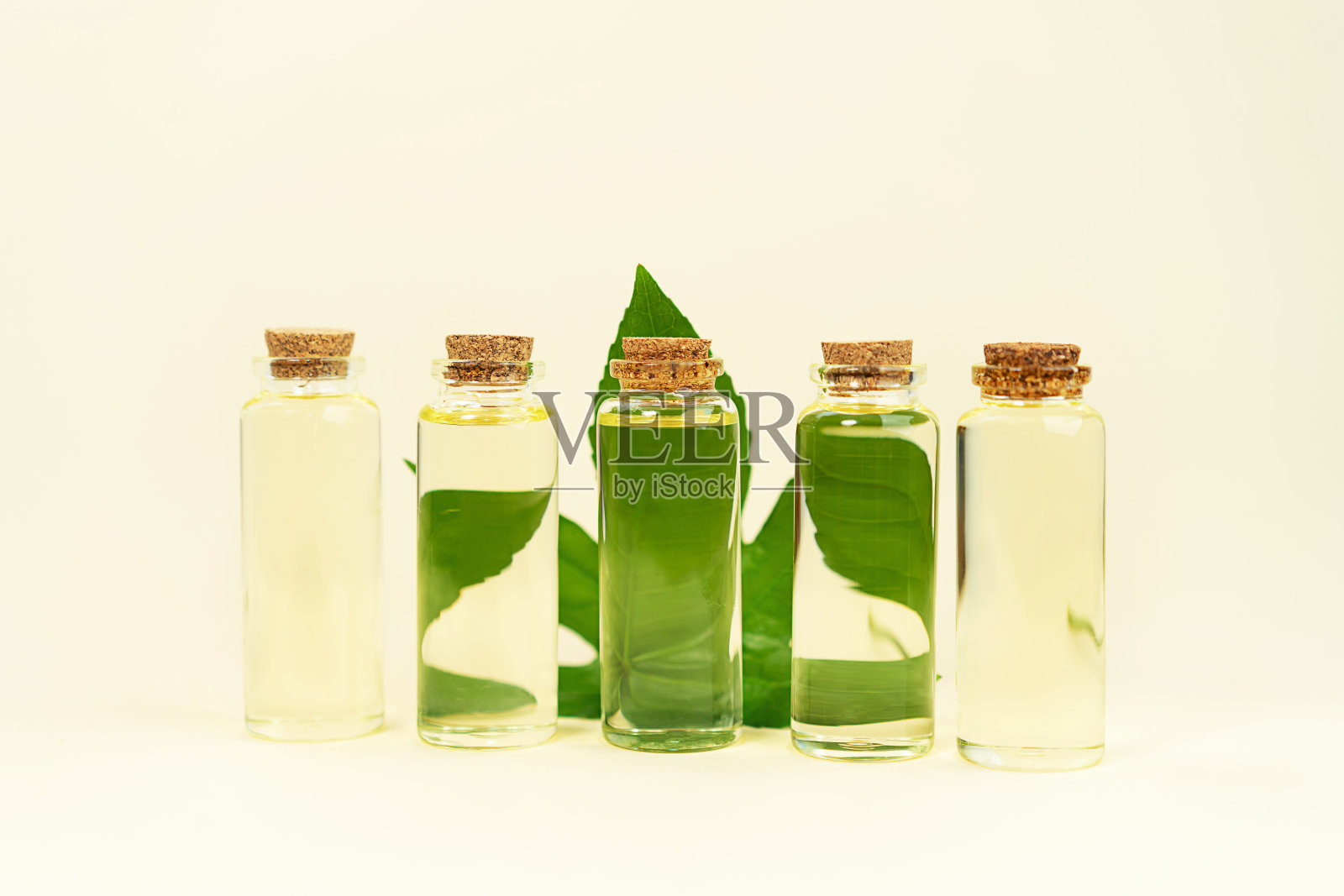 各种玻璃瓶与草药CBD油，四氢大麻酚酊剂和麻叶在柔和的米色背景。照片摄影图片