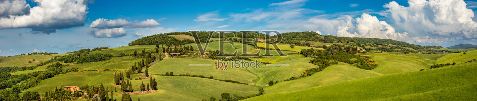 美丽的和不可思议的颜色，绿色的春天全景景观托斯卡纳，意大利。照片摄影图片