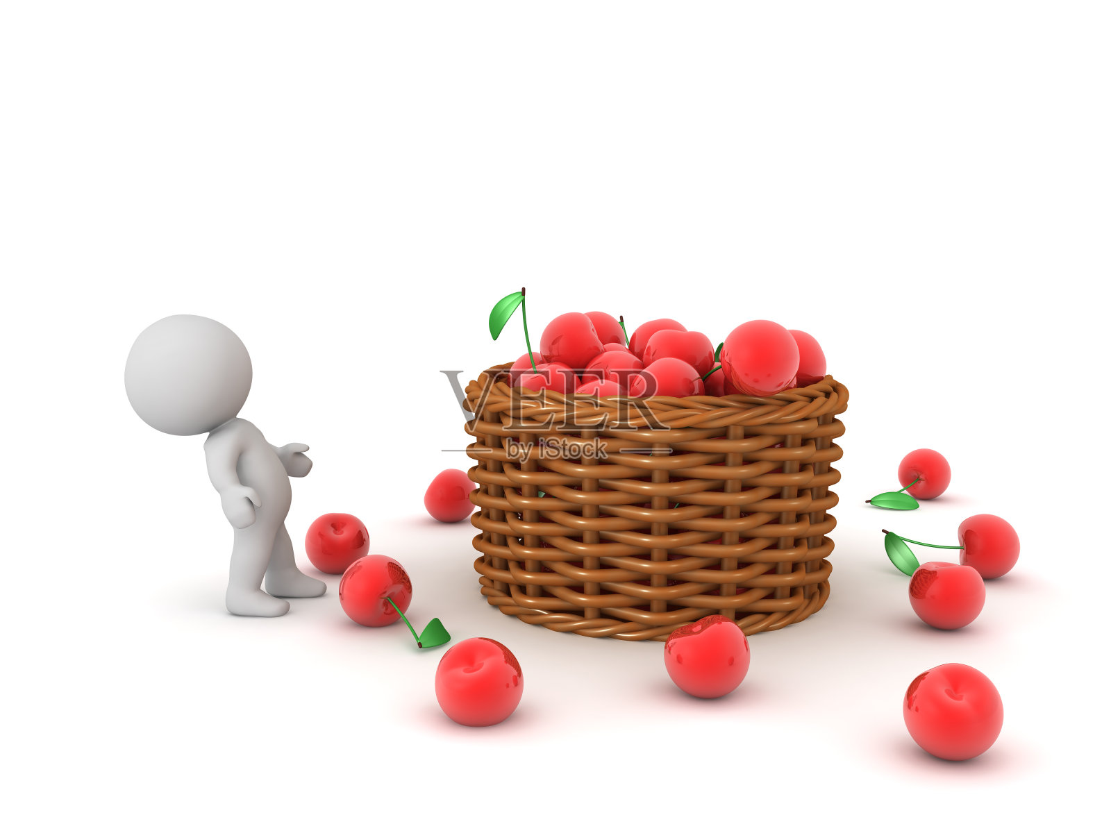 3D角色抬头看樱桃篮子照片摄影图片