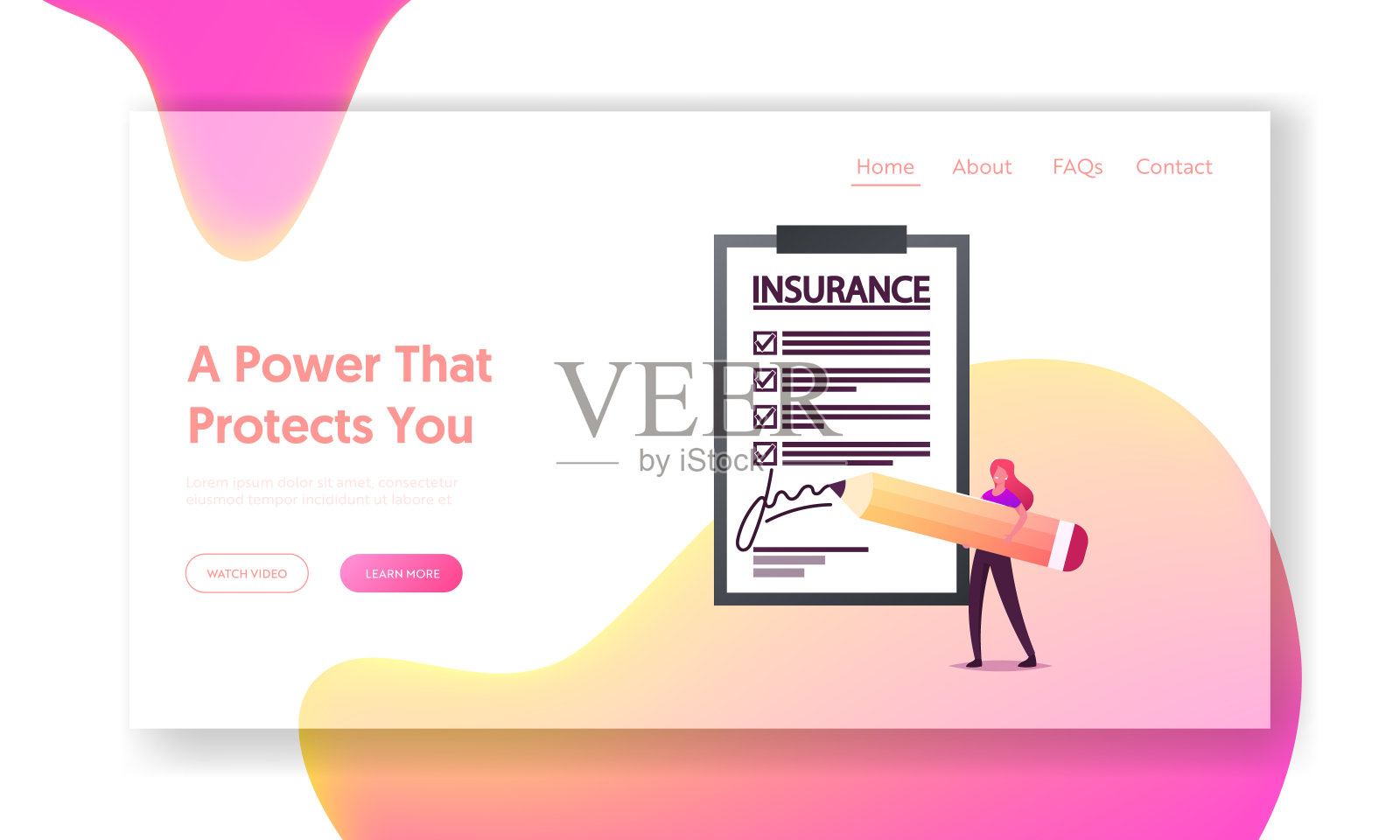 冠状病毒、健康或财产保护登陆页面模板。微小的女性角色签署巨额保险政策。安全财务担保合同概念。客户端卡通矢量插图插画图片素材