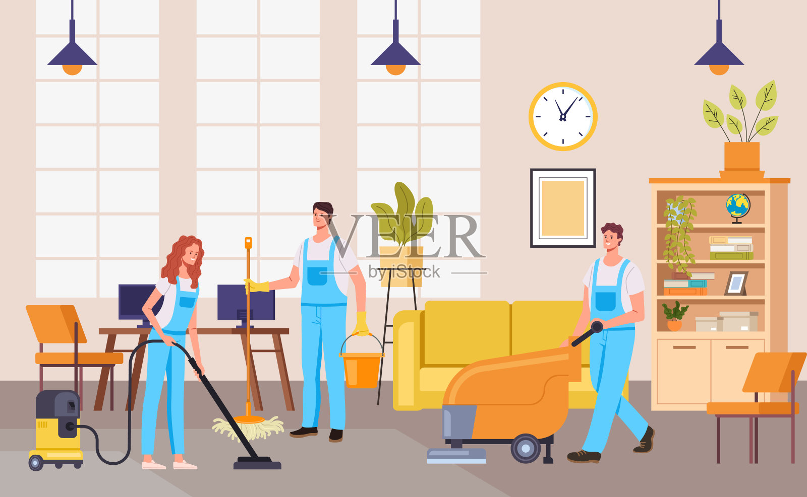 工人人们性格清洁的家居观念。矢量平面卡通图形设计插图插画图片素材
