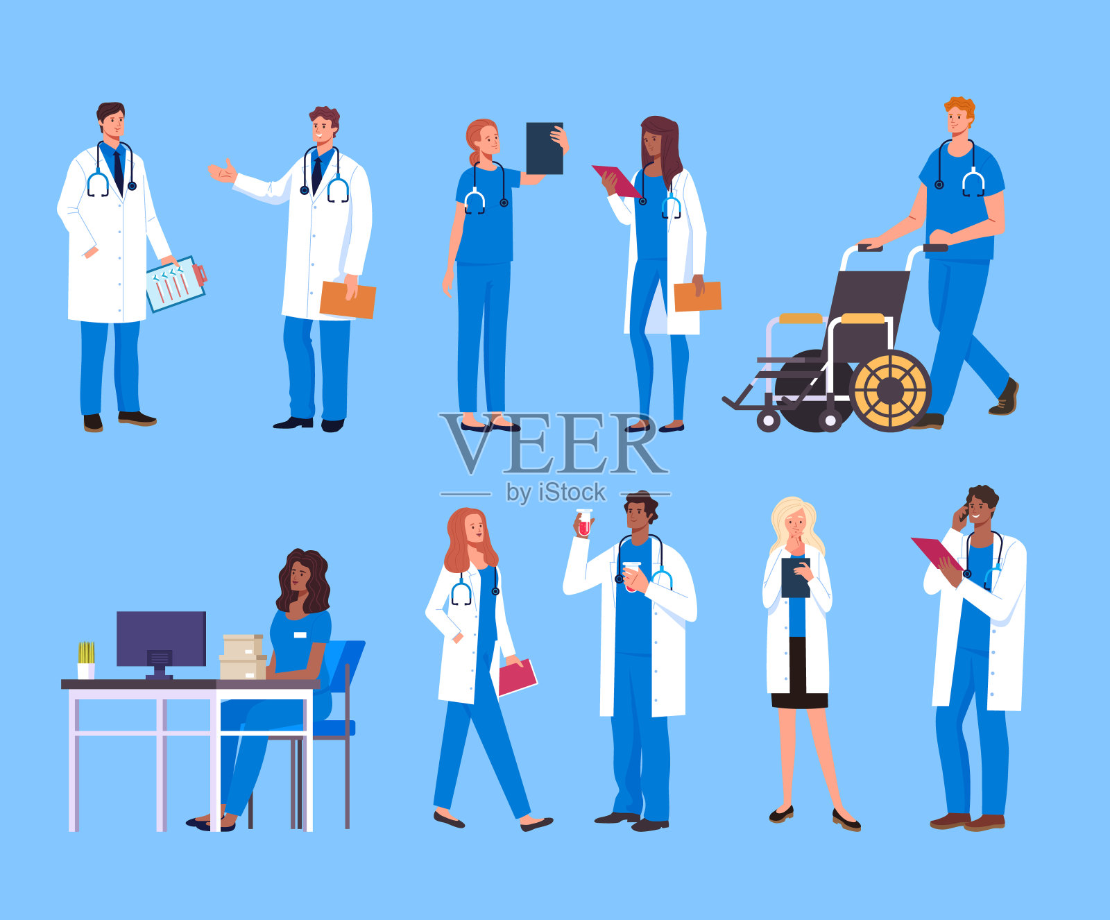 医学门诊工作人员隔离设置。矢量平面卡通图形设计插图插画图片素材