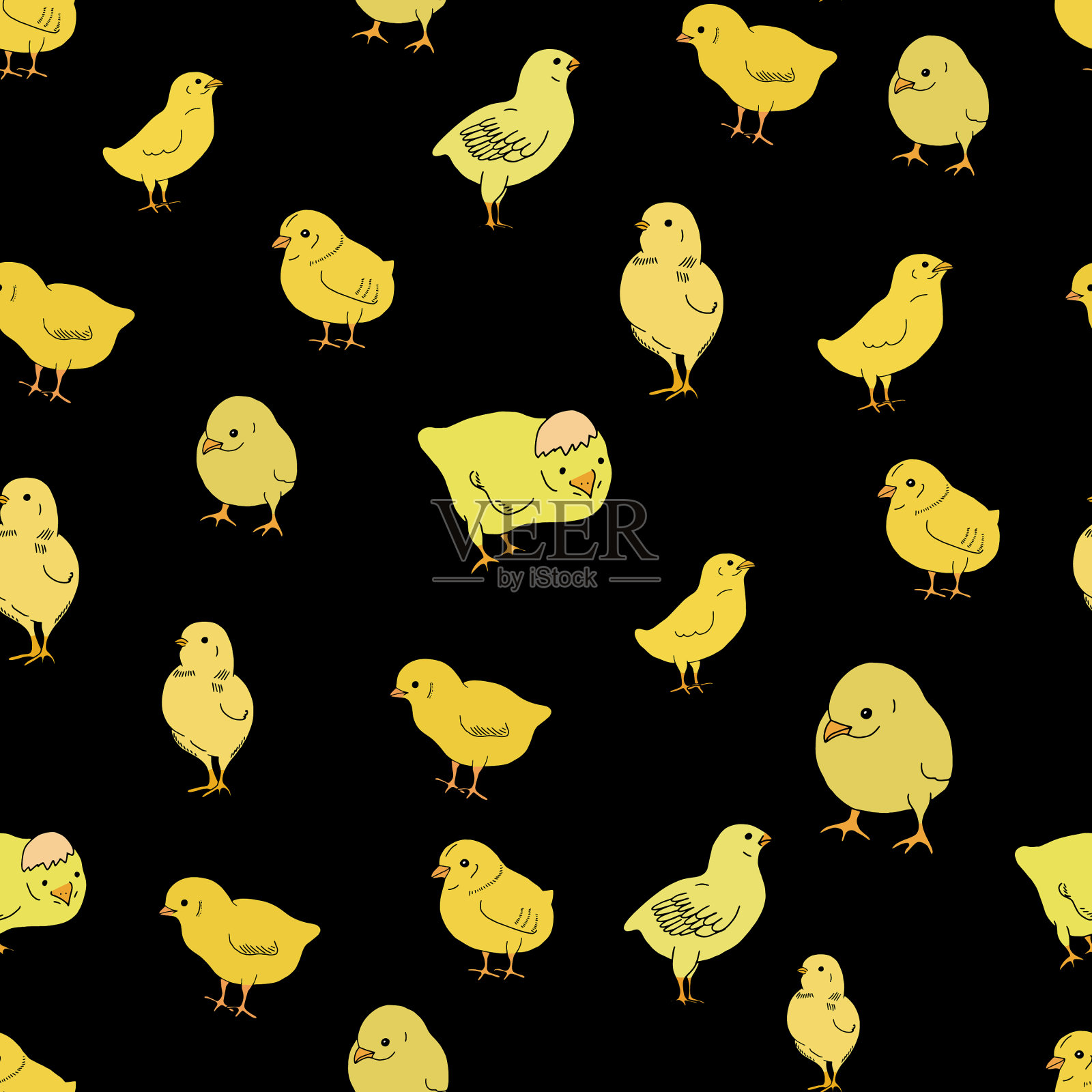 无缝模式与鸡在黑色插画图片素材