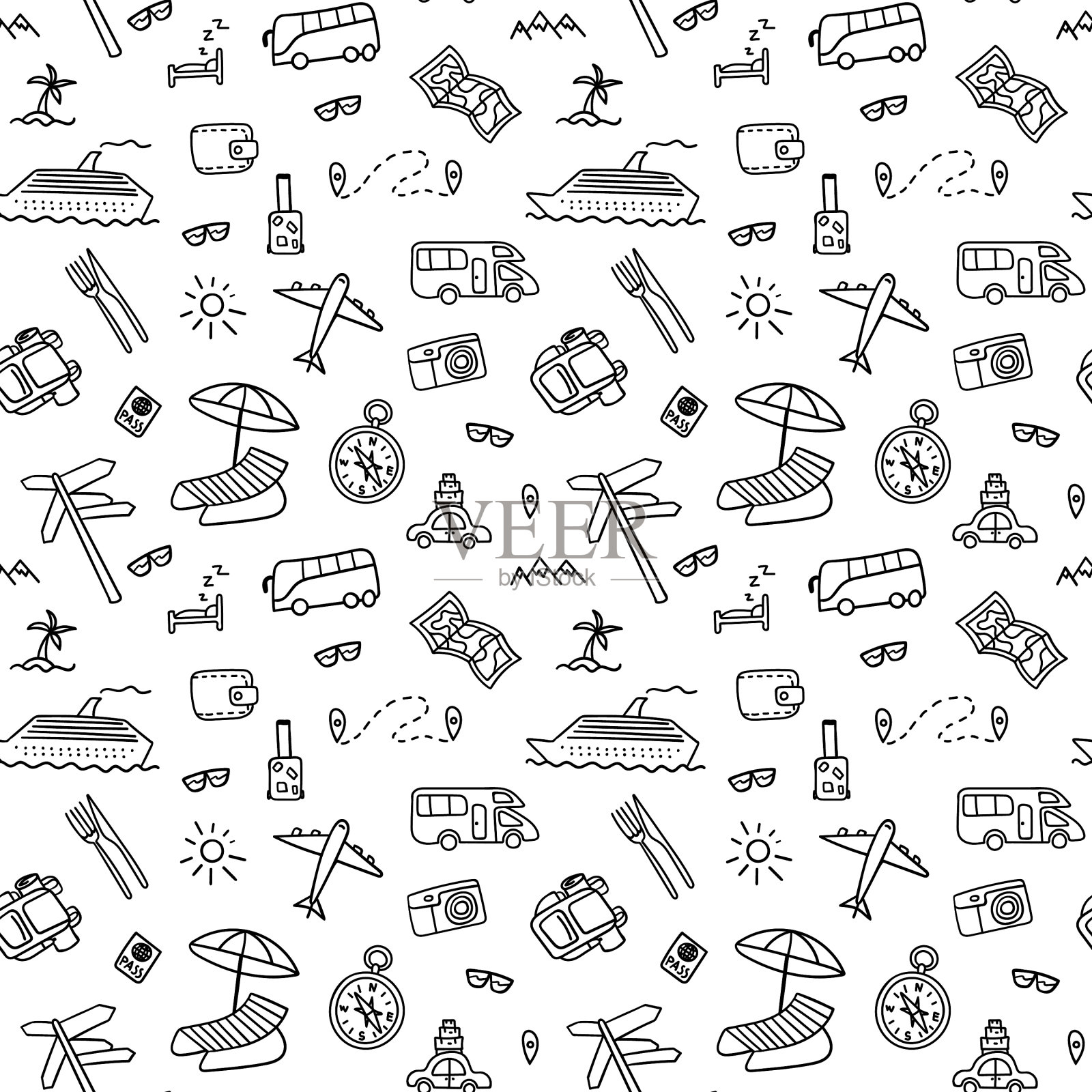 无缝模式与手绘旅行图标插画图片素材