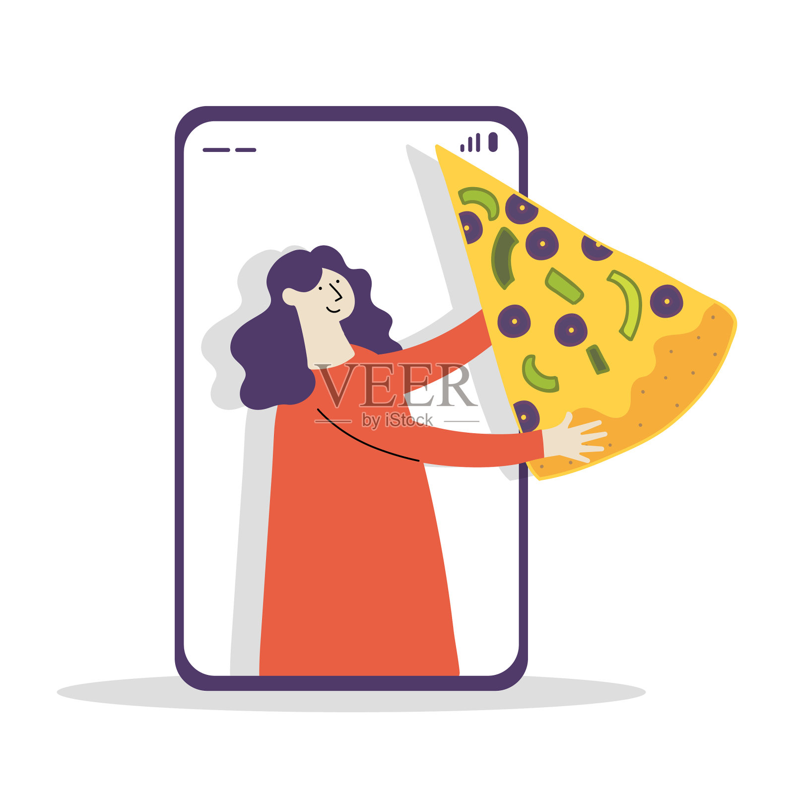 女孩用手机拿着披萨设计元素图片