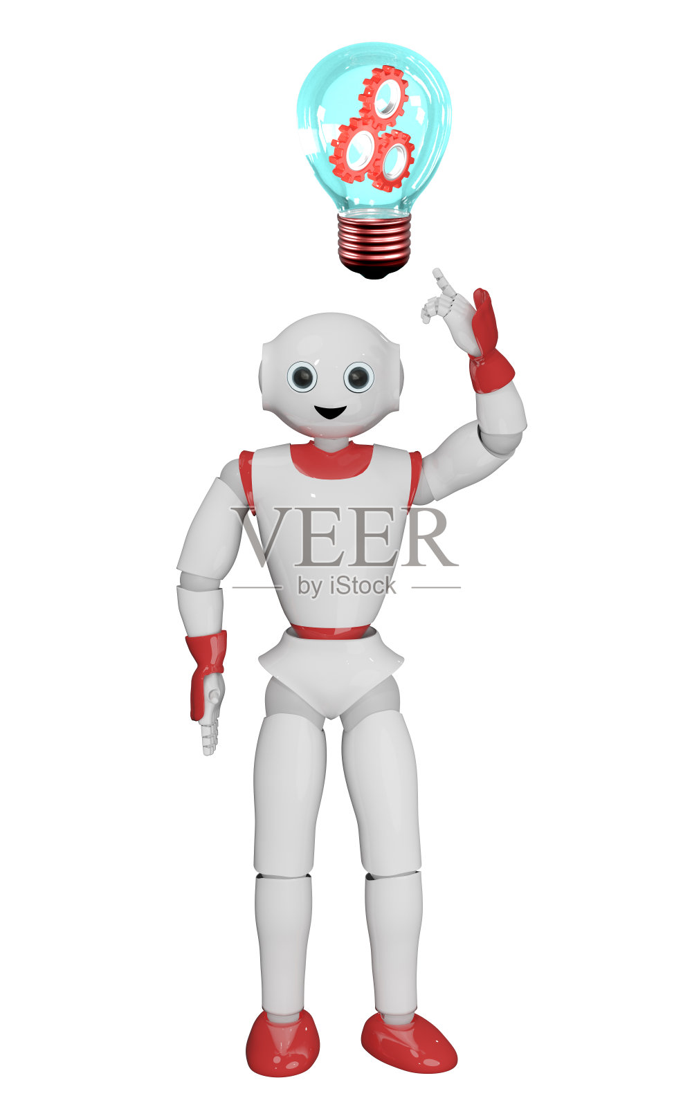 人形机器人指着一个有齿轮的灯泡。照片摄影图片