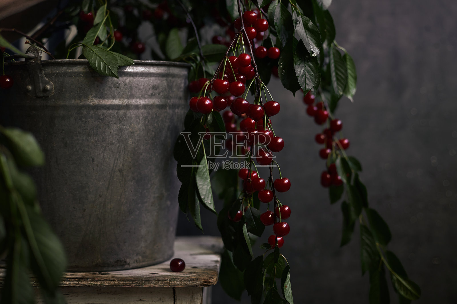 把樱桃放在铜杯里，喷在背景上。照片摄影图片