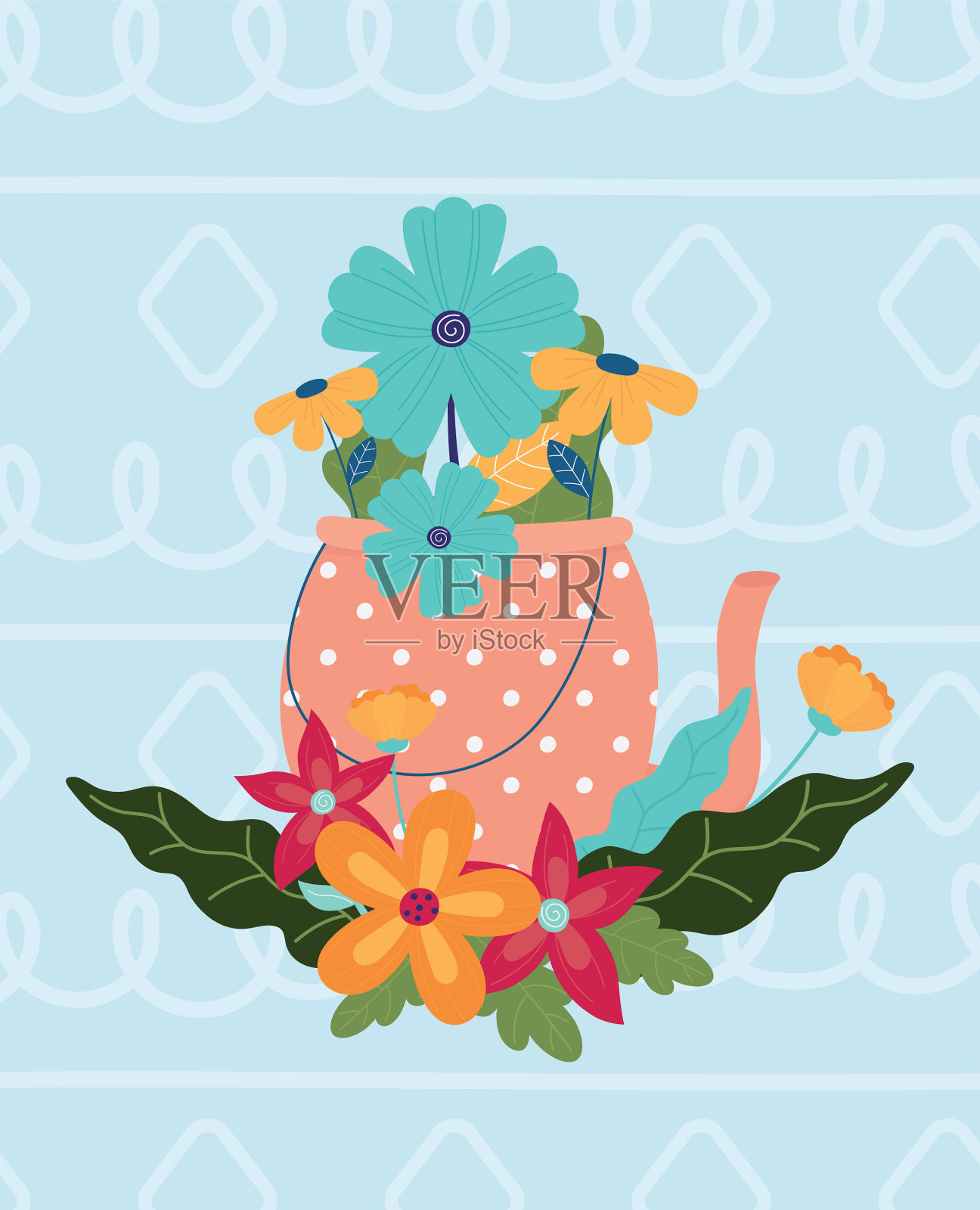 你好春天的点缀花瓶与鲜花的枝叶插画图片素材