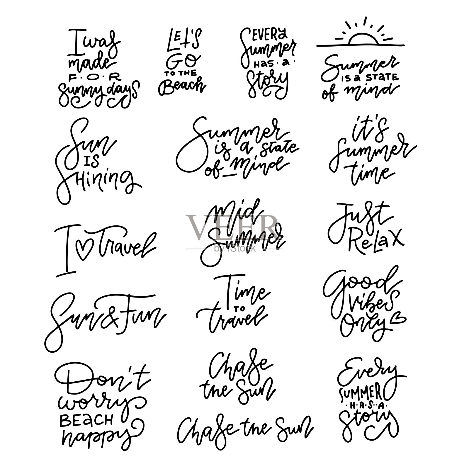 旅行生活方式励志短语设置。手绘夏季线性矢量字母。印刷、海报、t恤等服饰、贺卡模板收集。上网,旅游,海滩,大海,假期。设计元素图片