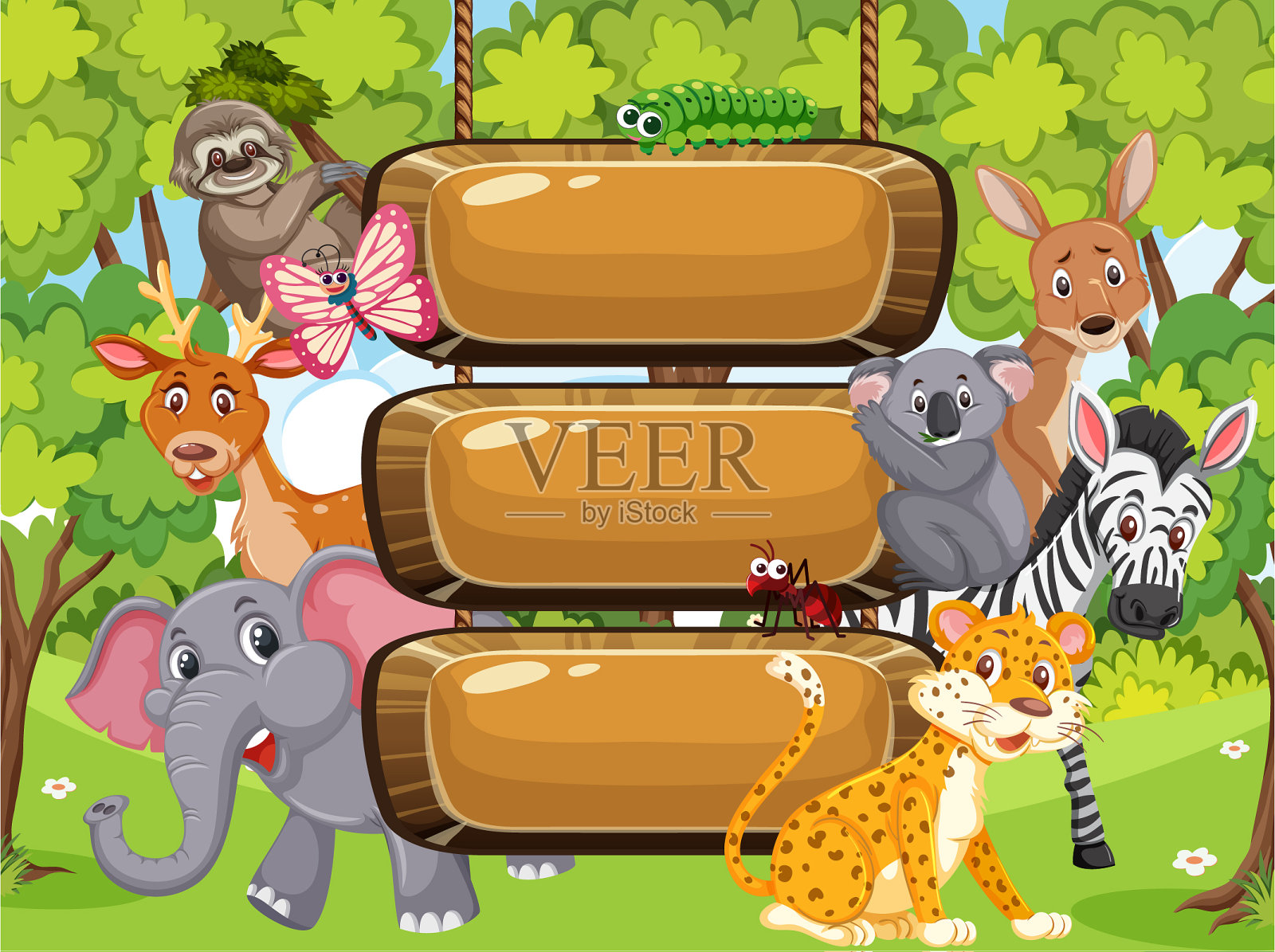 公园内野生动物木制标志模板插画图片素材