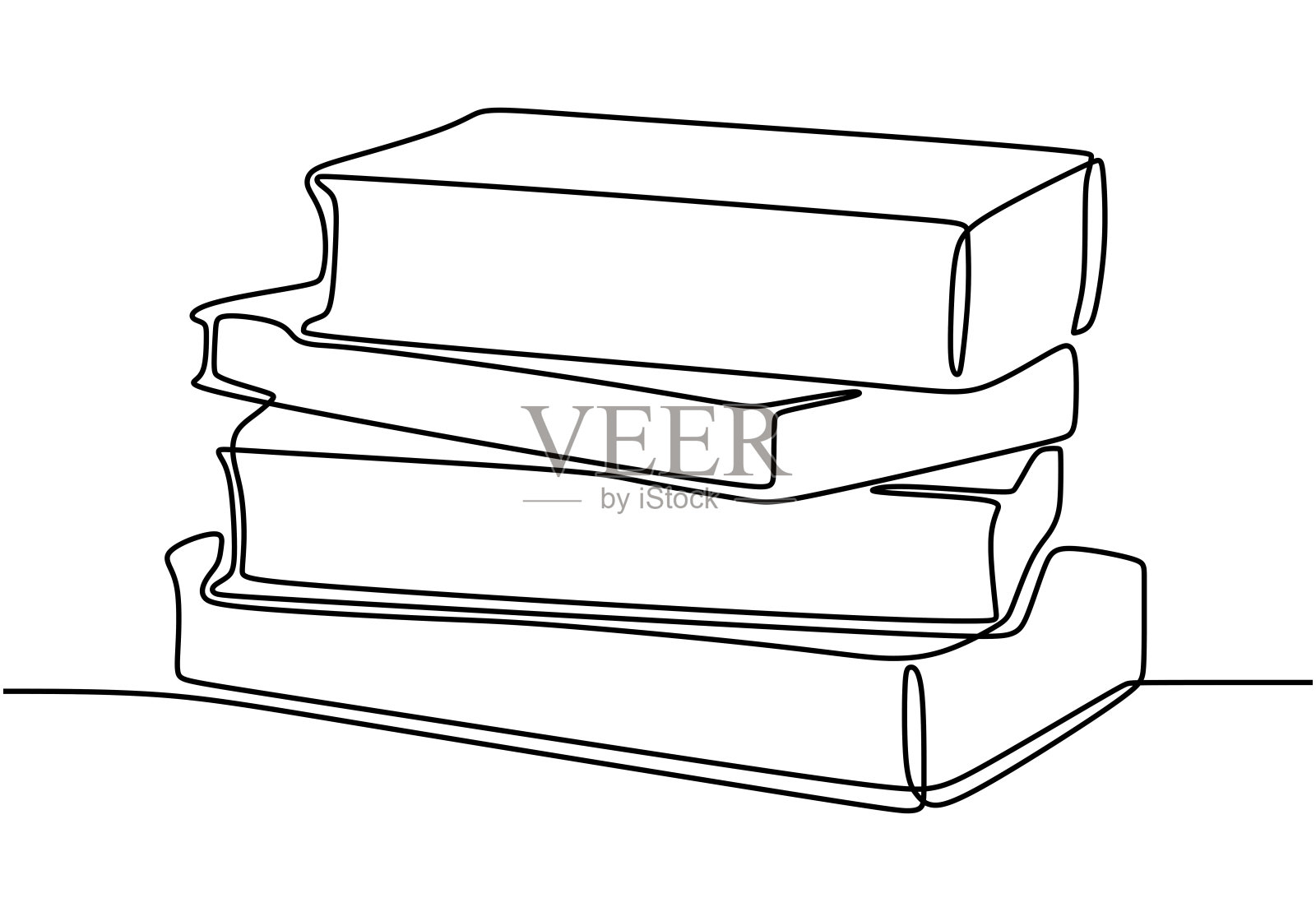 一画一堆书。桌子上有一堆书。把书整齐地排好。快乐学习与读书。单手绘制连续轮廓艺术，矢量插图极简设计。插画图片素材