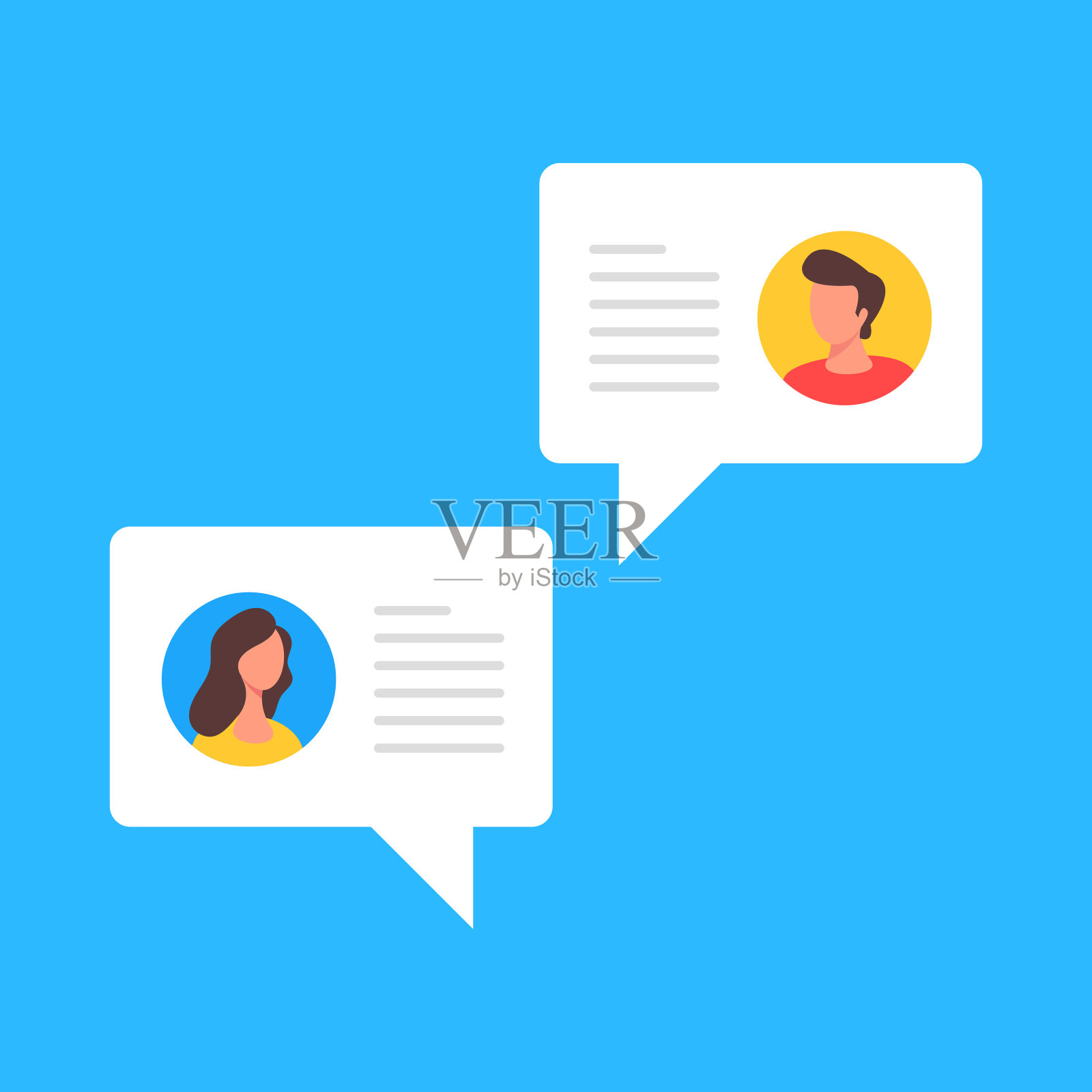 闲谈，聊天两个语音气泡与用户帐户图像和文本。在线消息，对话，信使，即时消息，短信，说话，会话概念。现代平面设计。矢量图插画图片素材