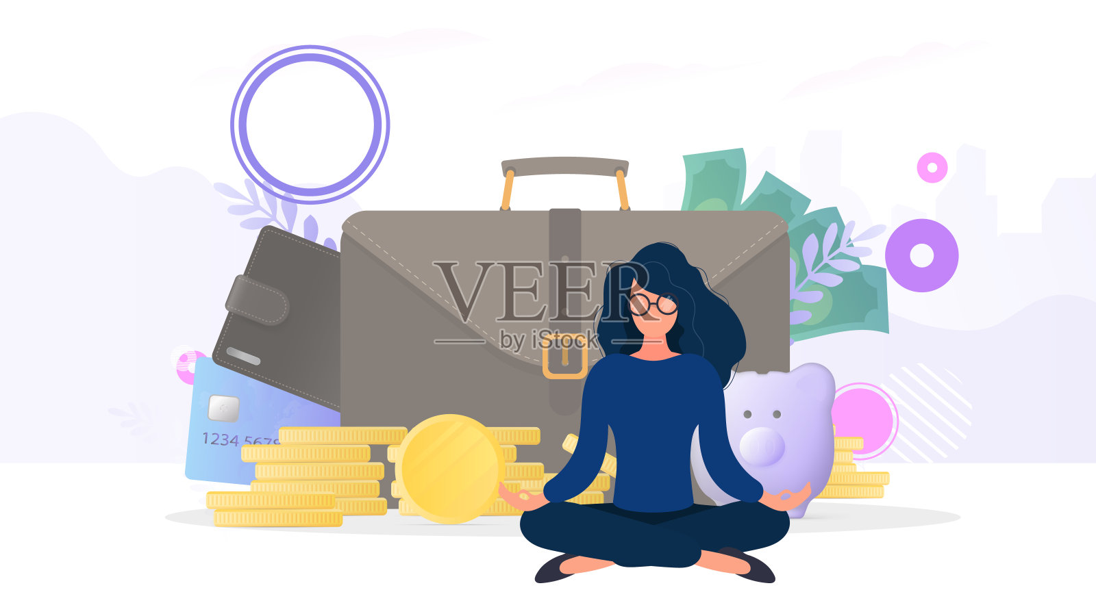 女孩们在一个带有信用卡和金币的投资组合的背景下沉思。储蓄和积累金钱的概念。插画图片素材