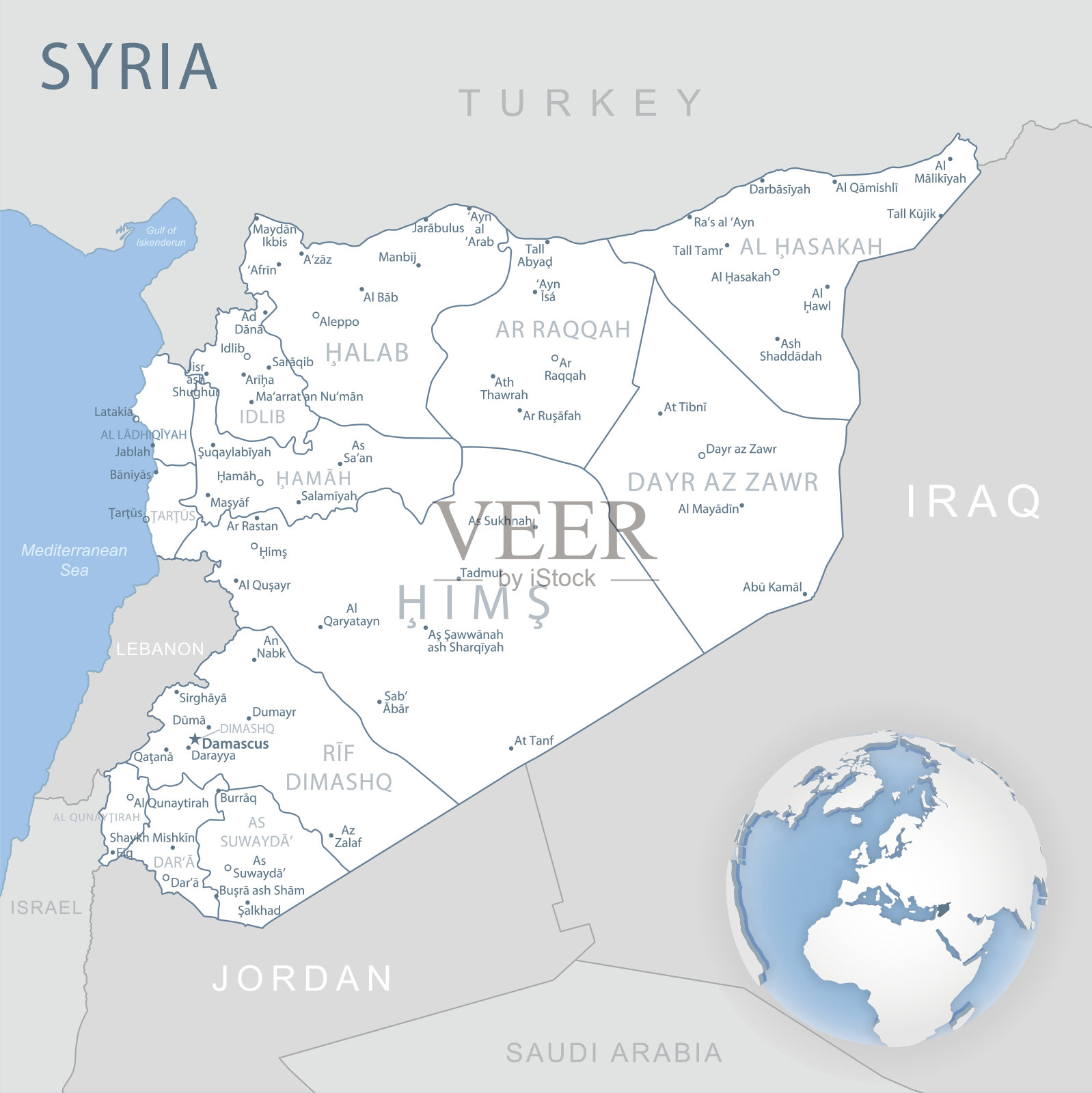叙利亚行政区划蓝灰色详细地图及全球位置插画图片素材
