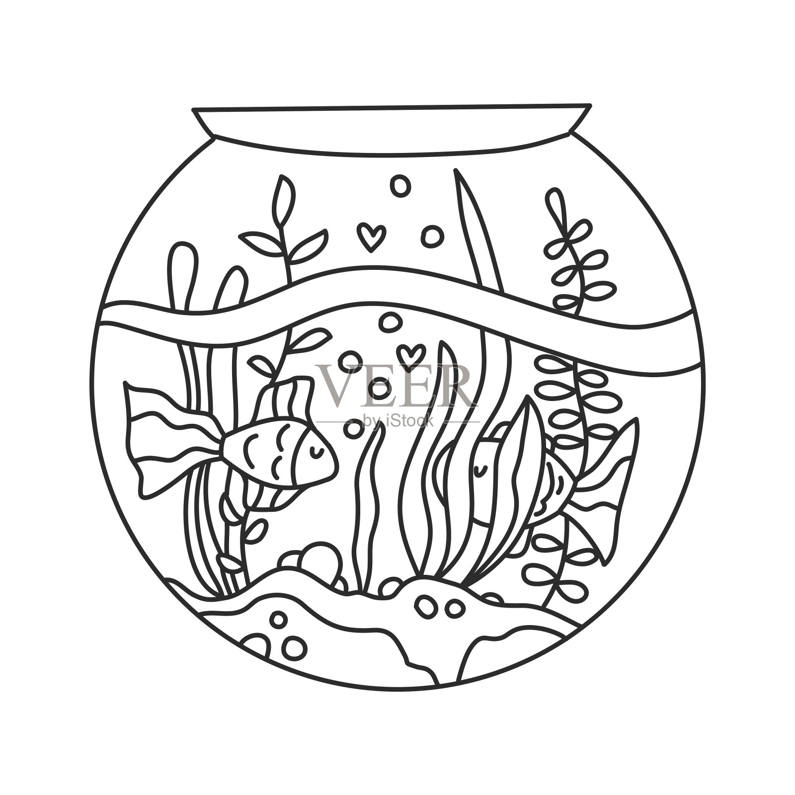 圆形水族箱内有两条鱼和水藻。有趣的海底世界。成人和儿童用野花涂色书。线艺术在矢量着色书。插画图片素材