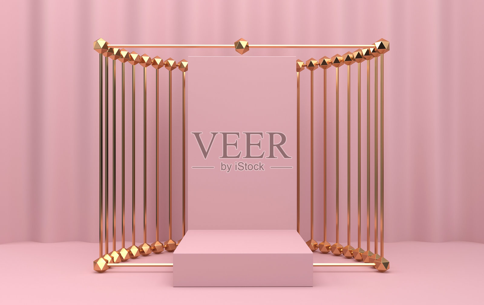 抽象几何造型组集，粉色工作室背景，金色笼子，三维渲染，场景以几何形式，矩形粉色底座内框黄金，幕布在背景上，场景以金属幕布，时尚简约的场景，简单的cle照片摄影图片