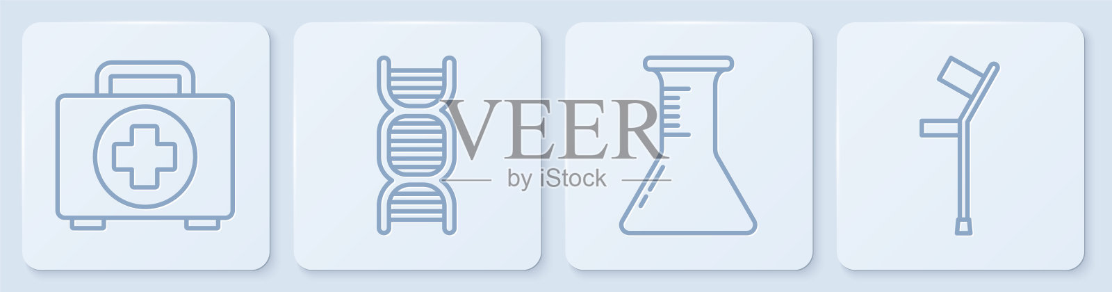 急救箱，试管和烧瓶，DNA标记和拐杖。白色正方形按钮。向量插画图片素材