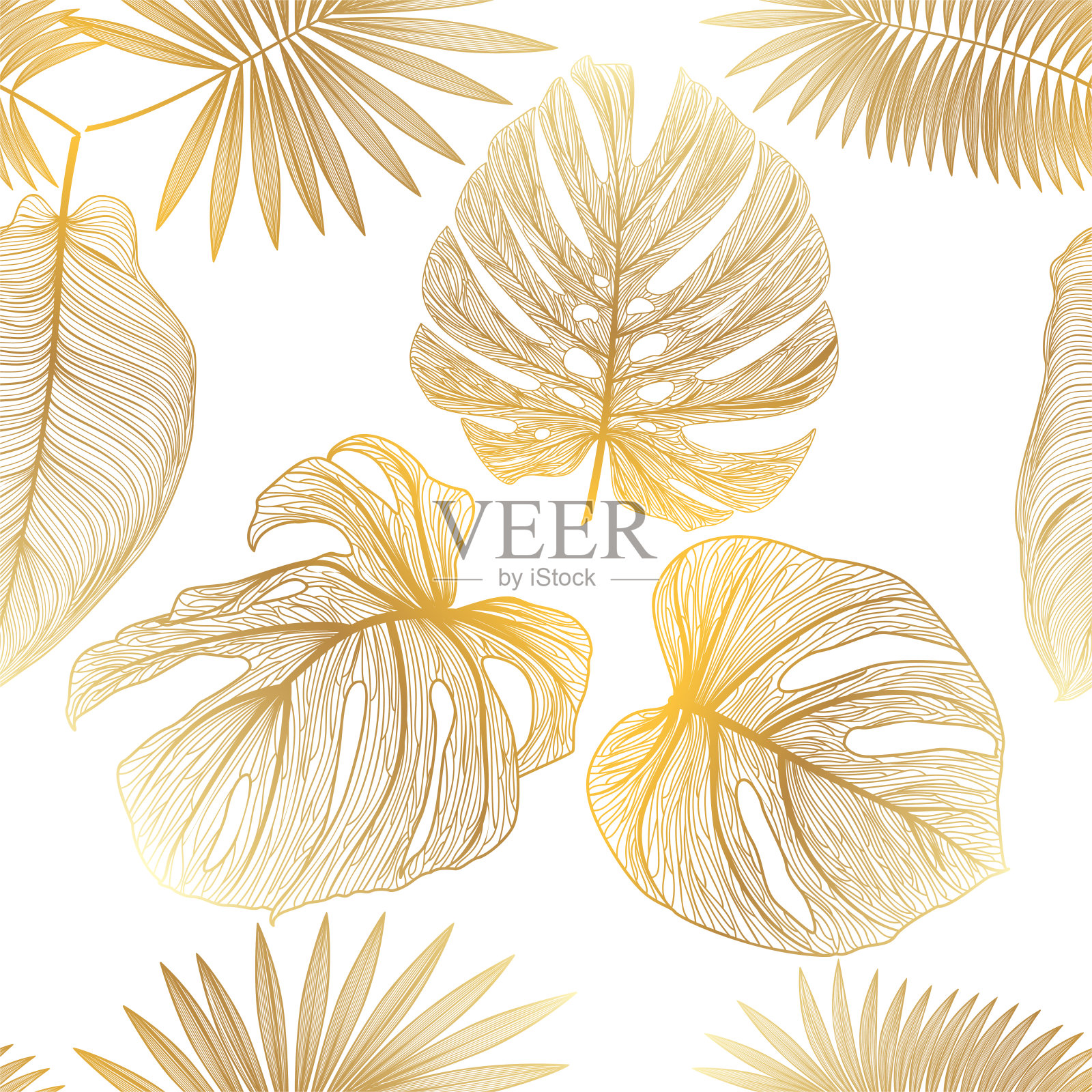 无缝模式与黄金热带棕榈叶。插画图片素材