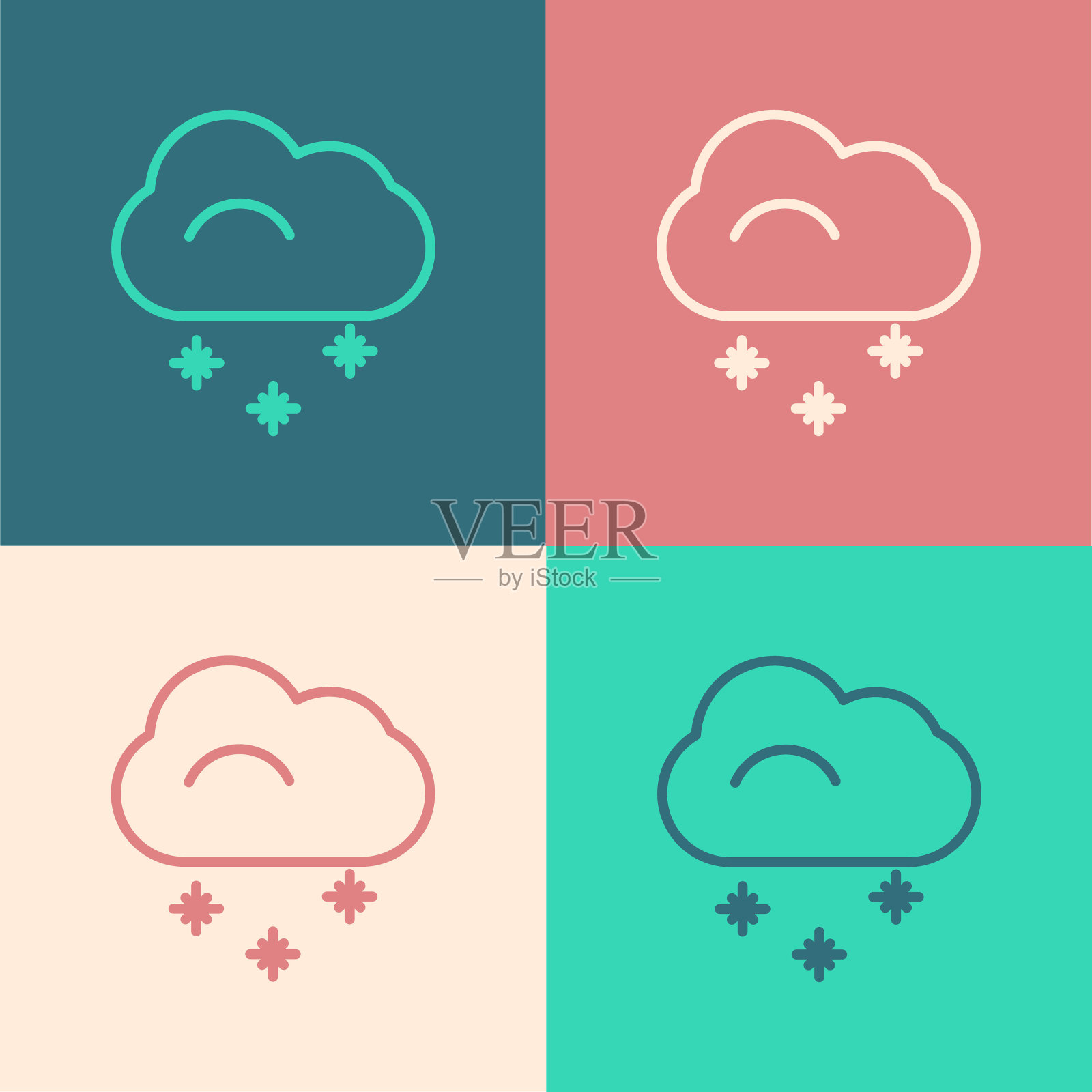 波普艺术线云与雪图标孤立的颜色背景。云与雪花。单一天气图标。下雪的迹象。矢量图插画图片素材