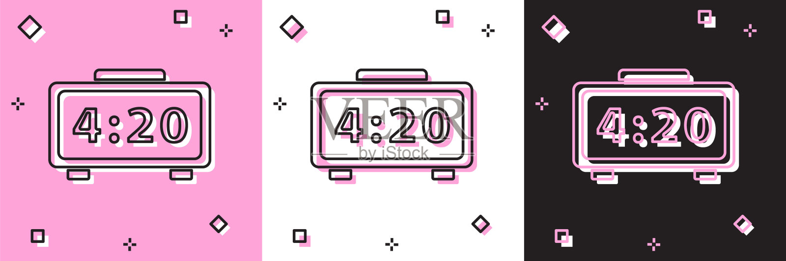 设置数字闹钟图标隔离在粉红色和白色，黑色背景。电子表闹钟。时间图标。矢量图插画图片素材