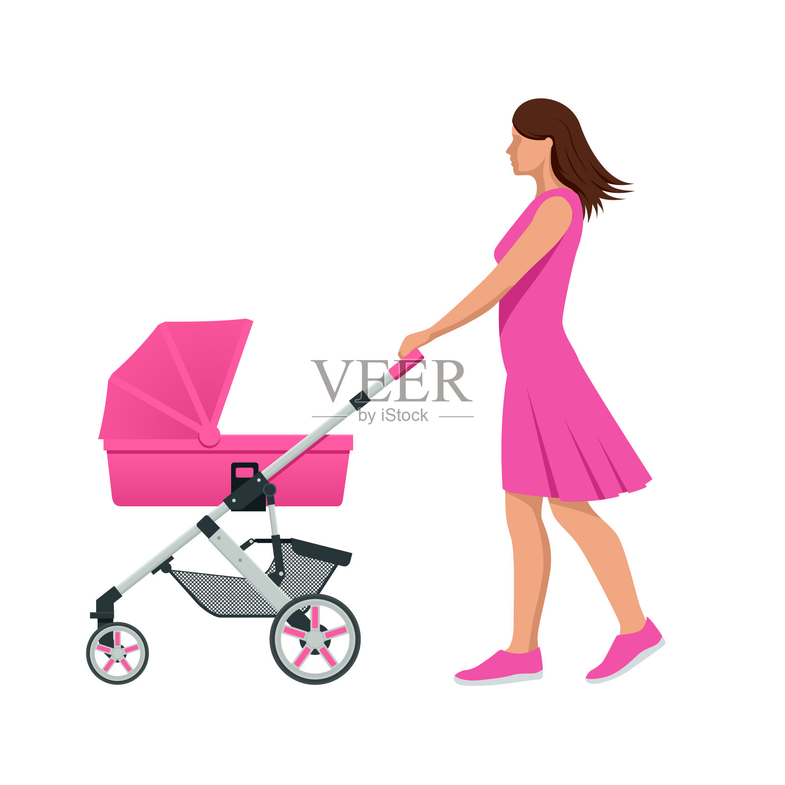 婴儿车孤立在白色背景上。孩子运输。婴儿车是为男孩或女孩准备的。推着婴儿车走路的女人。母亲和父亲的主题插画图片素材