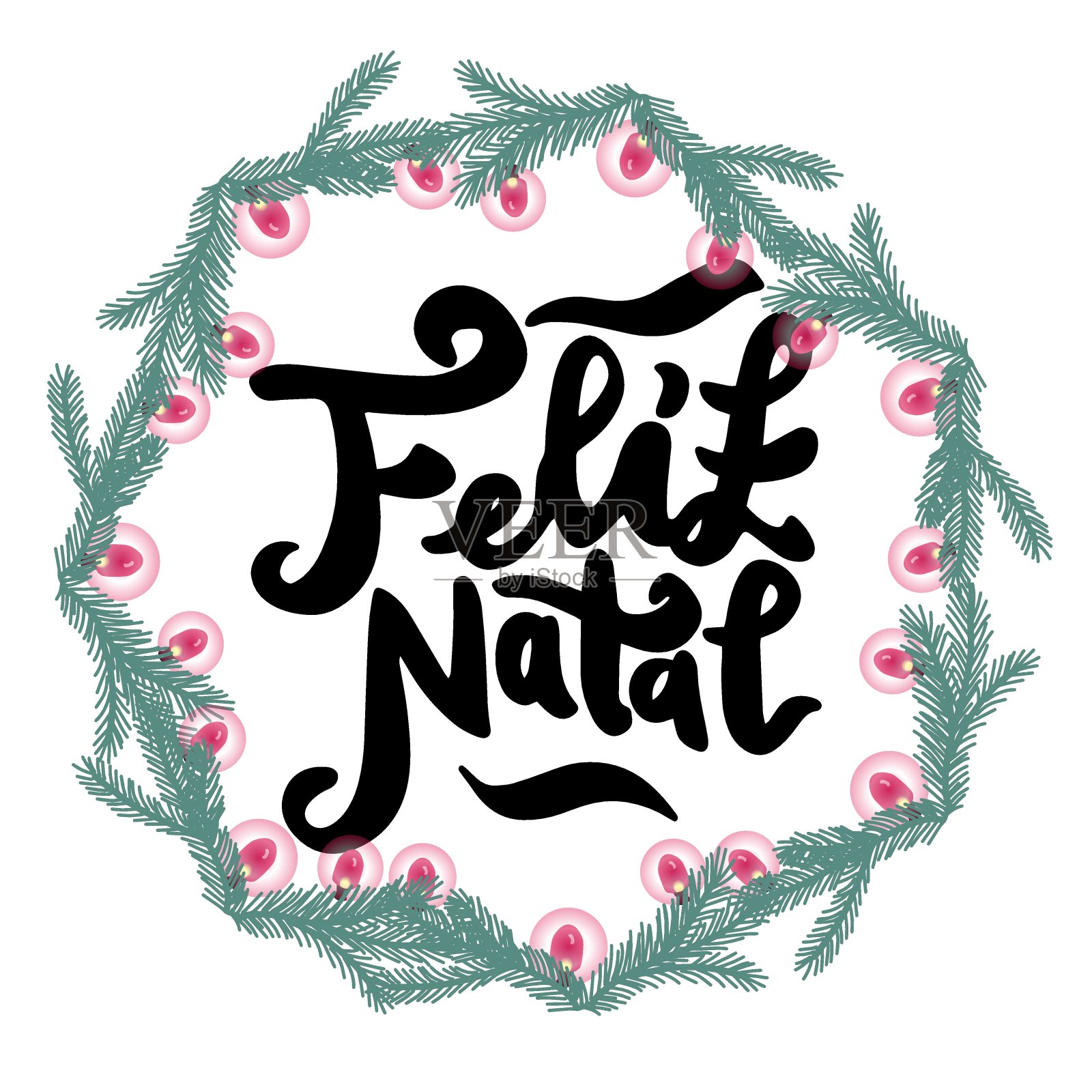 费利斯·纳塔尔短语字体印刷。葡萄牙语:圣诞快乐。手写作。现代书法。带花环的常绿花环插画图片素材