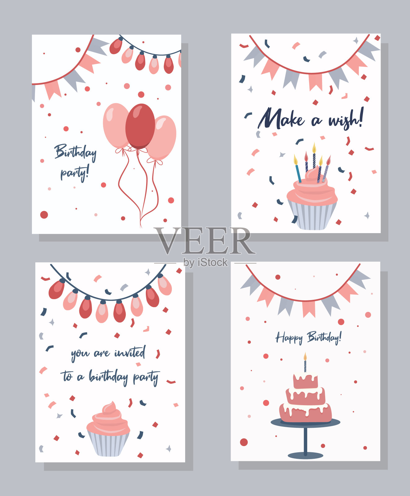 一套矢量插图的生日卡，邀请和传单。贺卡模板。设计模板素材