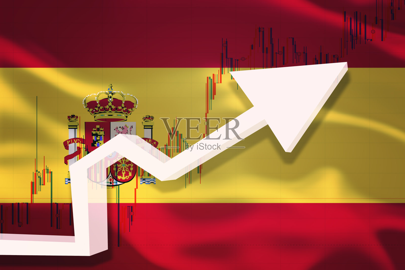 西班牙成长图表。白色3D箭头和股票图表成长在舞动的国家旗帜的背景下。插画图片素材