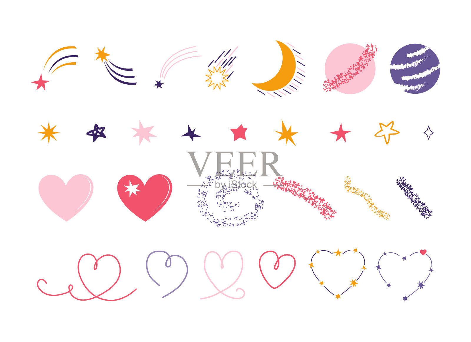 手绘的一组空间元素孤立在一个白色的背景。星星，流星，彗星，月，行星，月亮，火星，心脏，星座。海报、卡片、横幅设计的浪漫空间收藏插画图片素材