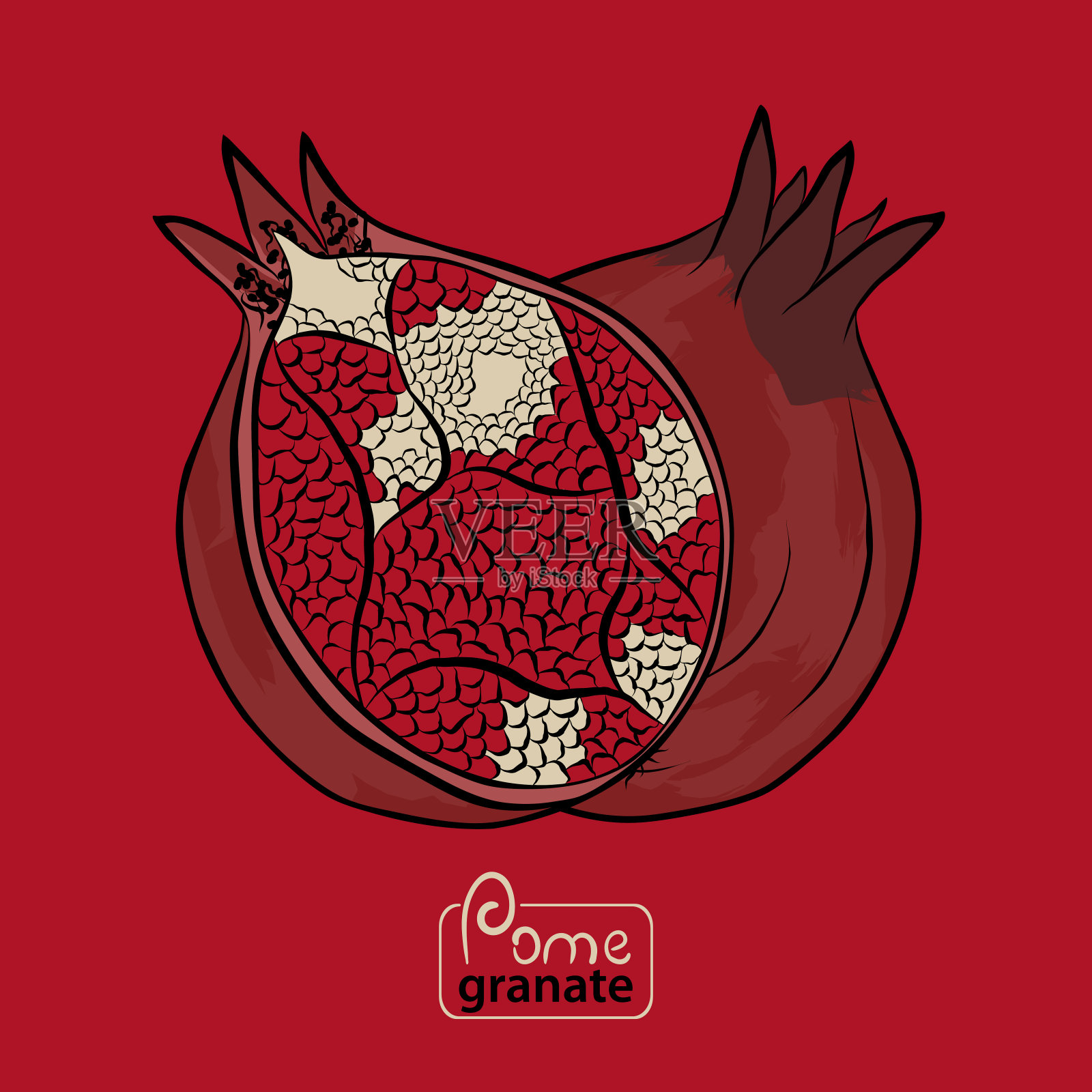 石榴新鲜水果。全水果和半水果。矢量插图。插画图片素材