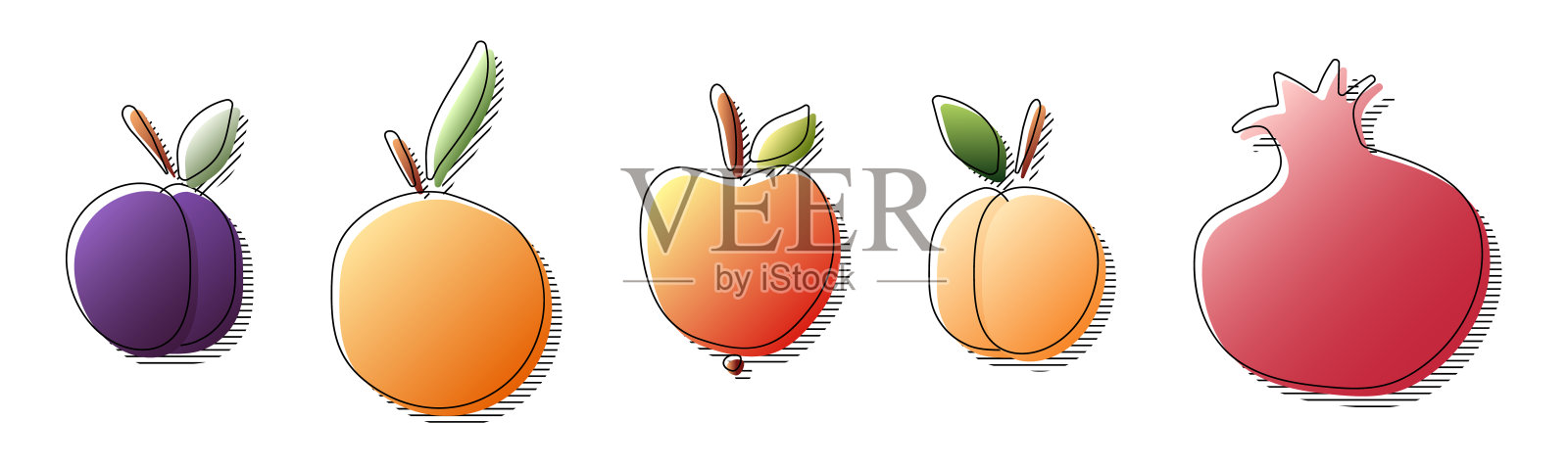 手绘彩色渐变颜色李子，橙色，苹果，杏，石榴设计元素图片