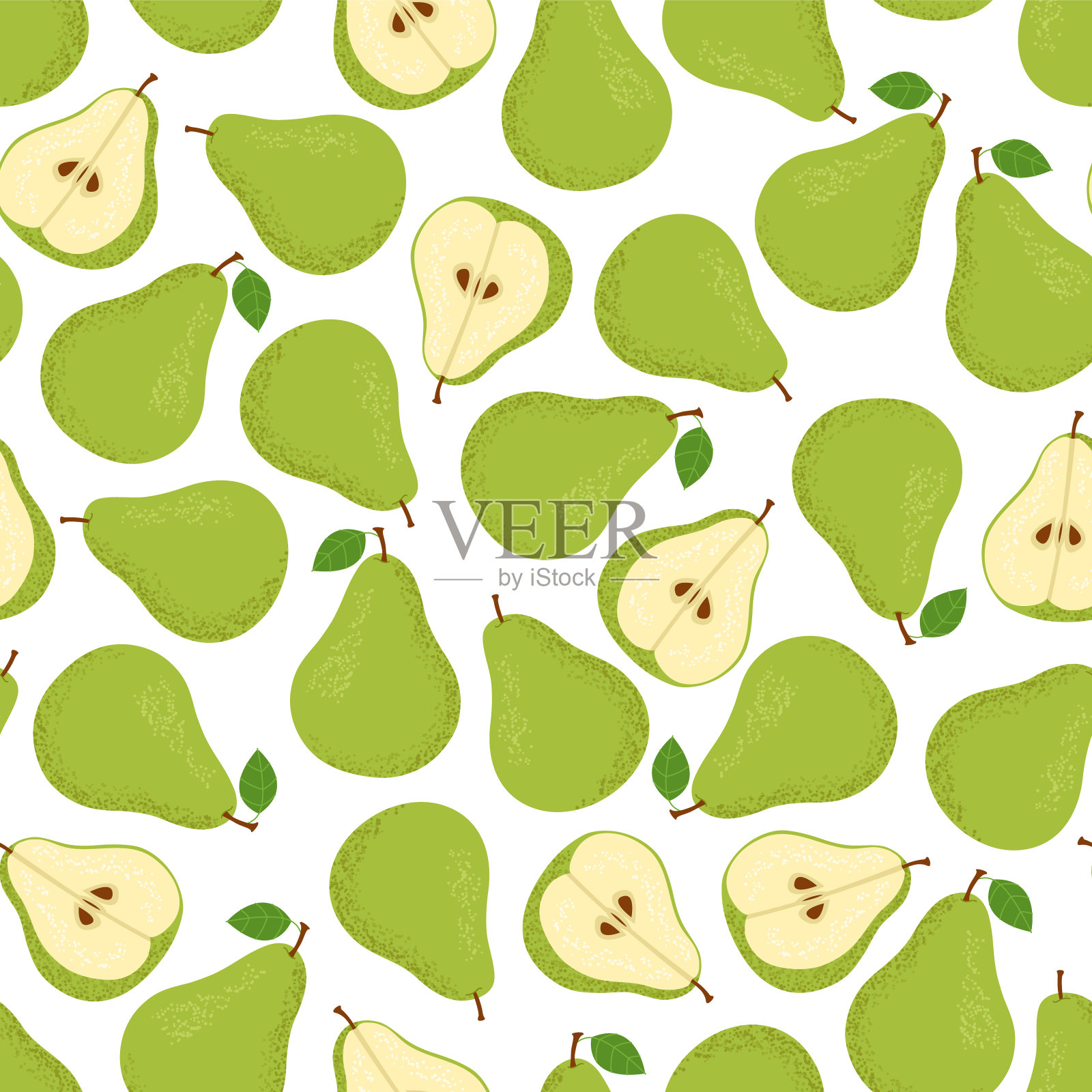 绿色的梨子和白色的叶子。无缝模式。插画图片素材