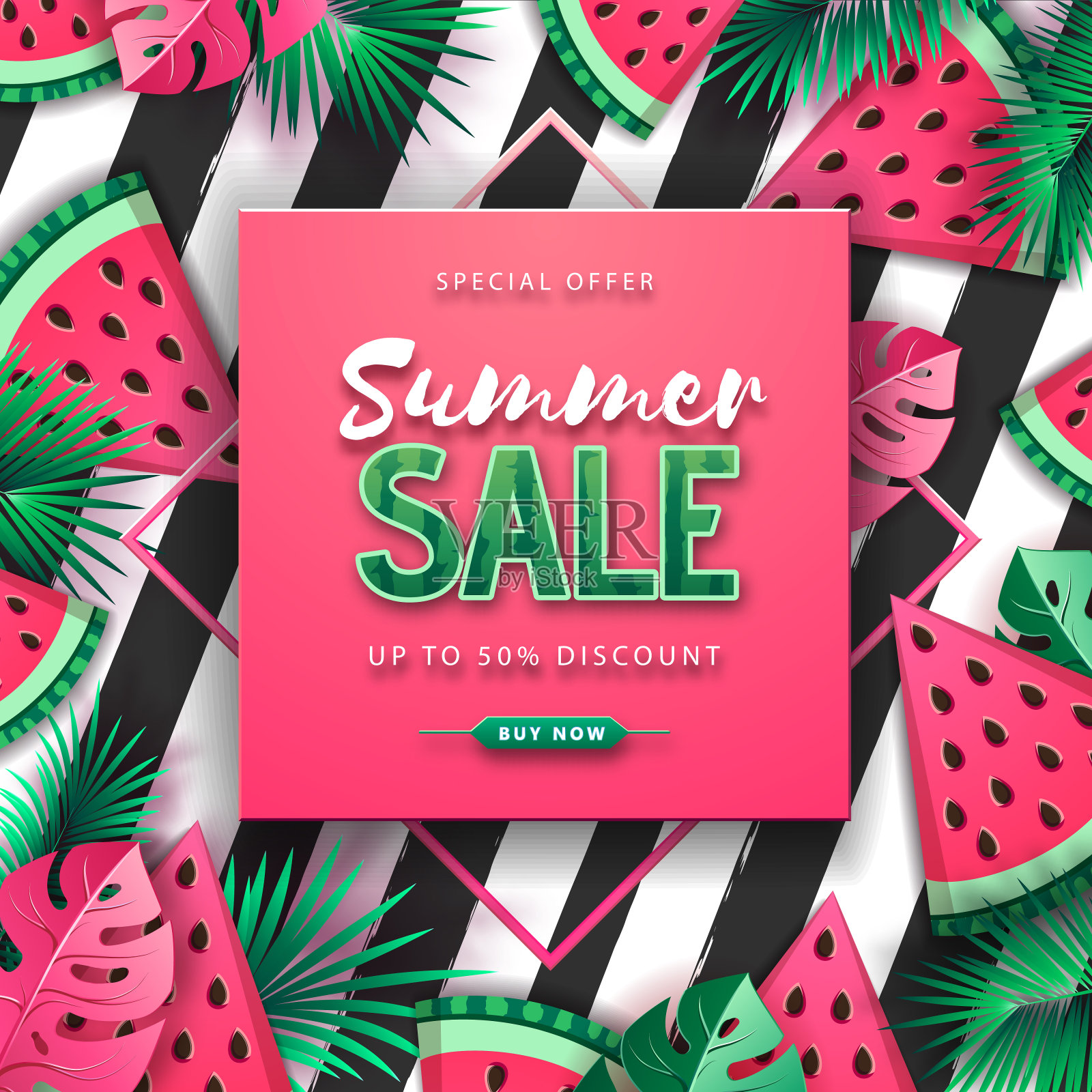 夏季大销售海报与西瓜和热带树叶条纹背景。夏季的背景。矢量图插画图片素材