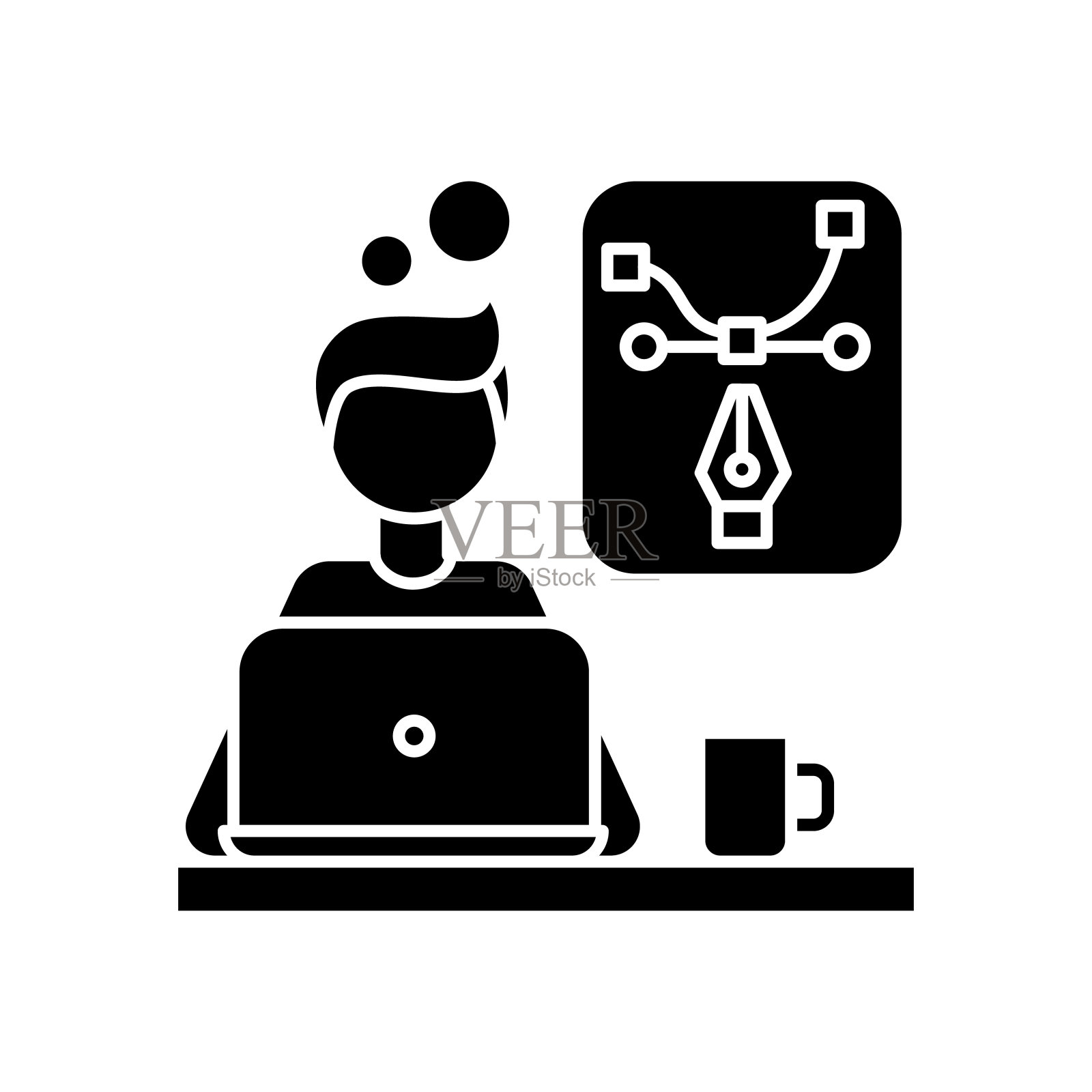 创意设计师黑色字形图标。演示和桌面设计。编辑，计算机图形，媒体项目。远程工作。白色空间上的剪影符号。向量孤立的插图插画图片素材