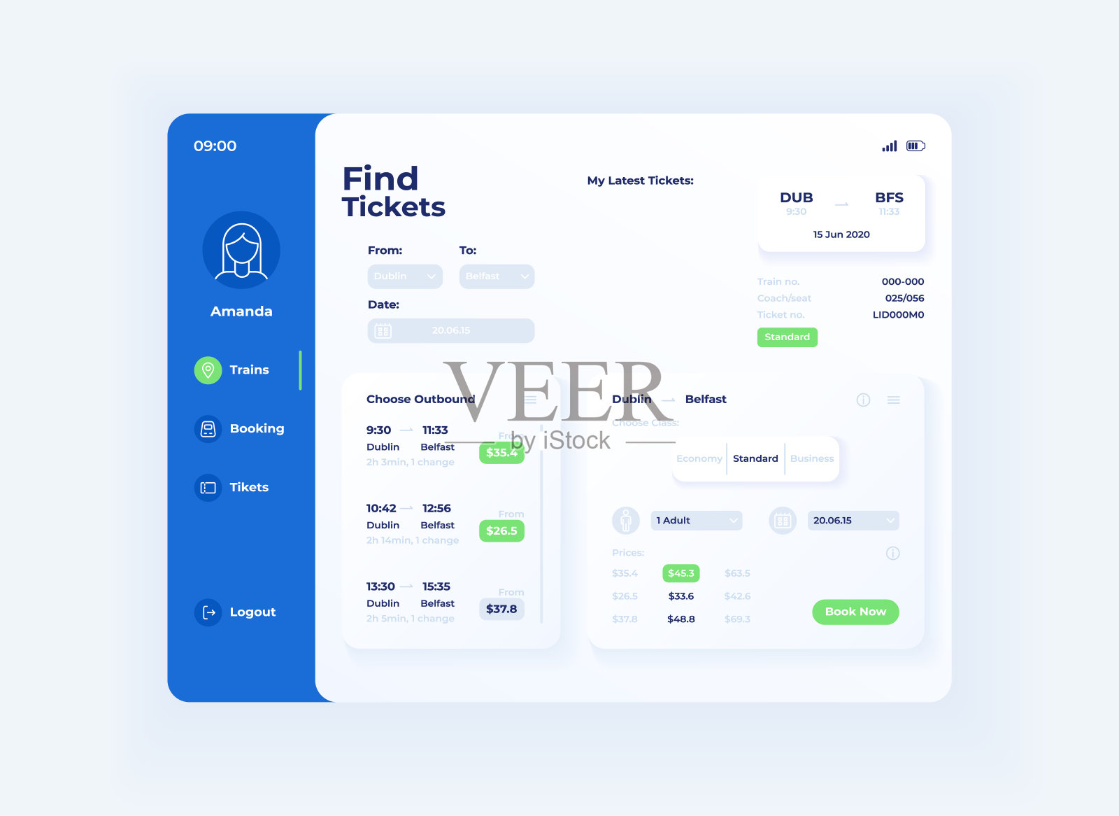 票务预订应用平板界面矢量模板。手机应用页面日模式设计布局。用户帐户与旅行选择菜单屏幕。应用程序的平面UI。便携设备显示插画图片素材