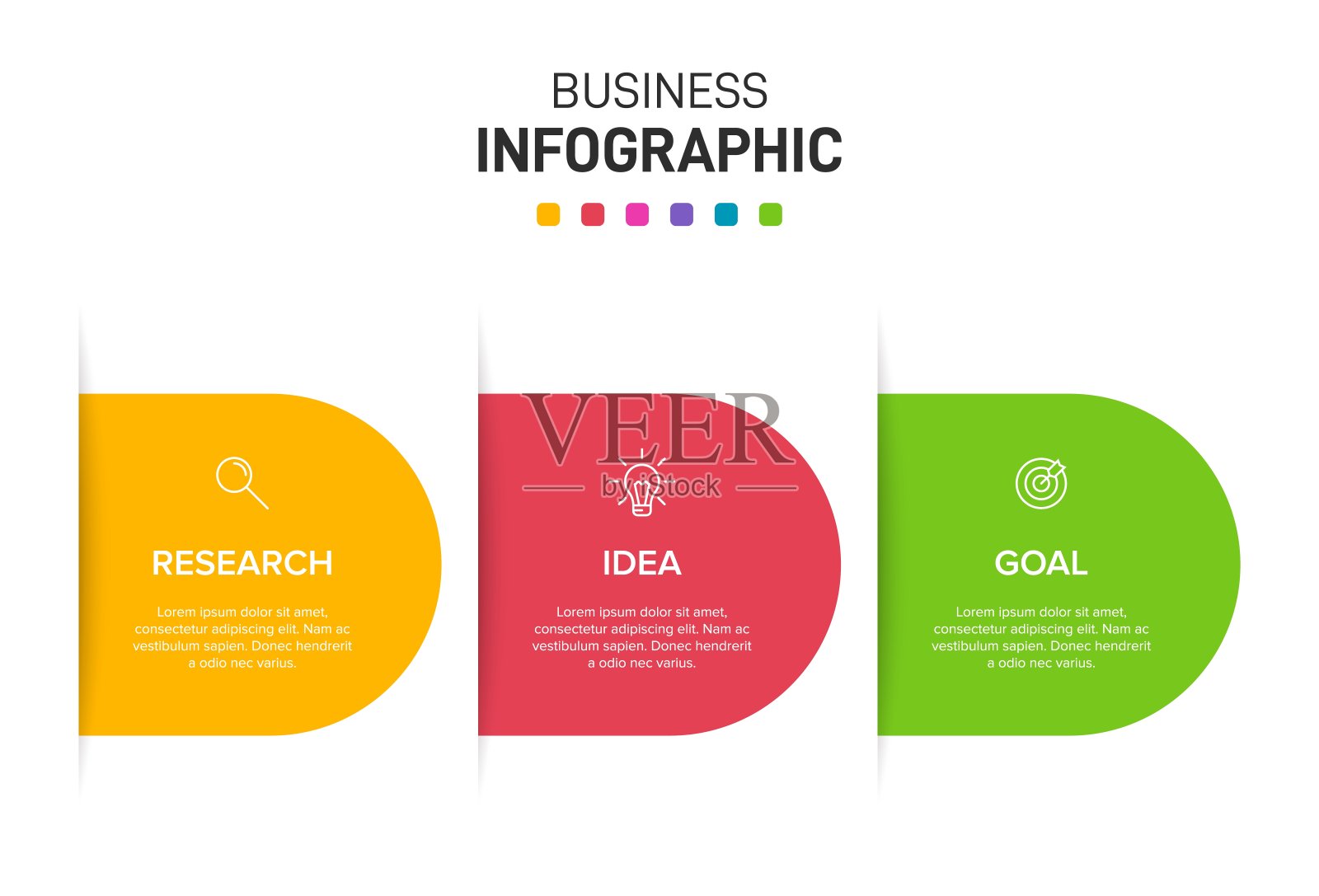 箭头商业模式的概念，分为三个连续的步骤。三个色彩丰富的图形元素。宣传册、演示的时间线设计。信息图表设计布局。插画图片素材