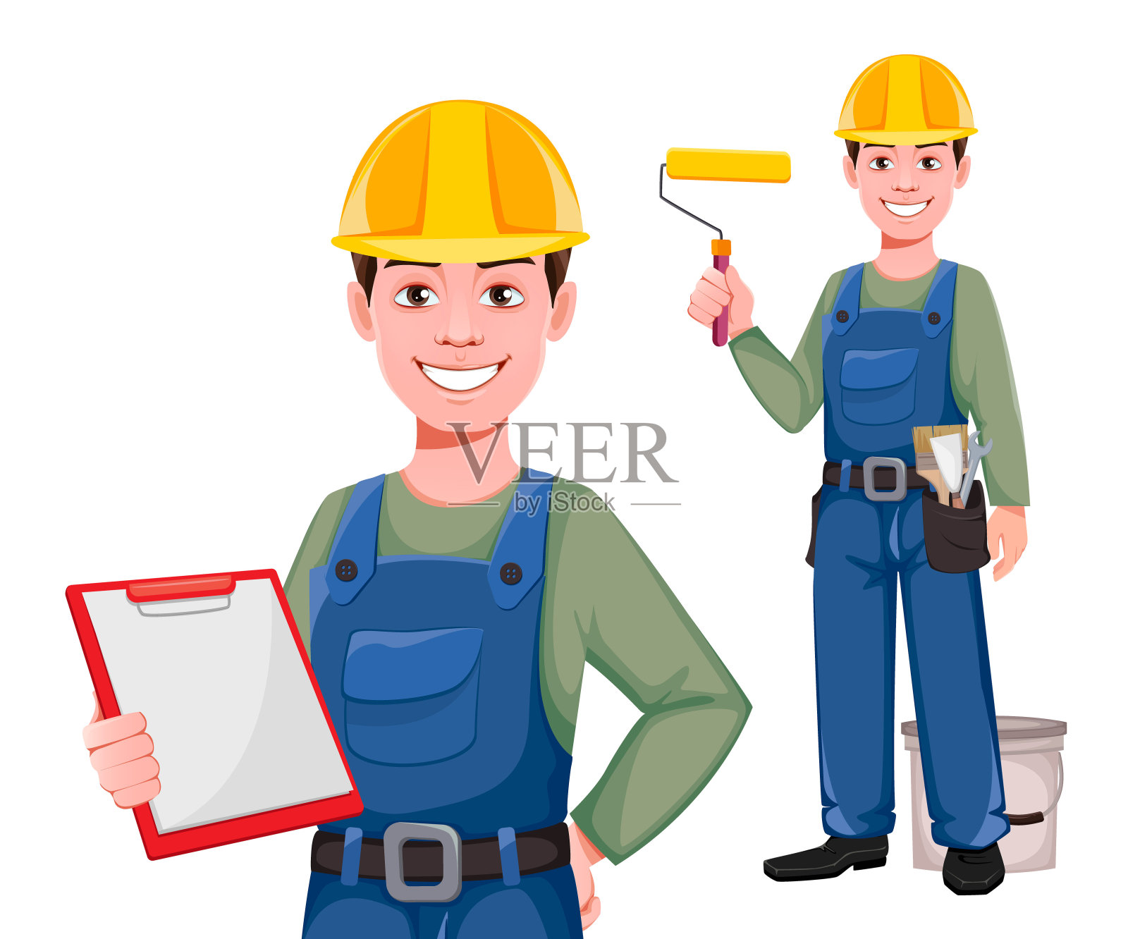 建设者卡通人物，两组姿势插画图片素材