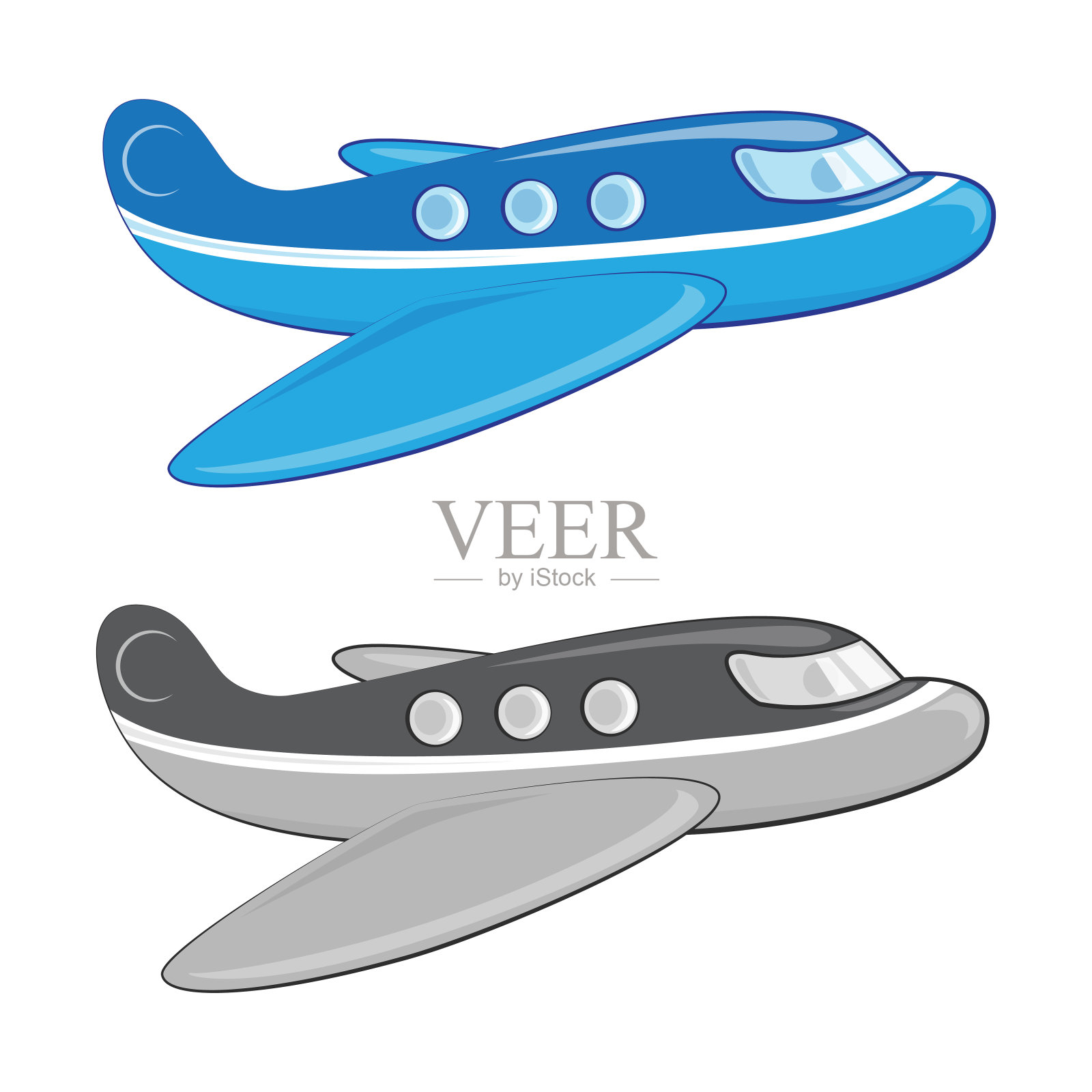 卡通喷气机，彩色和单色版本。矢量插图，EPS 10。插画图片素材