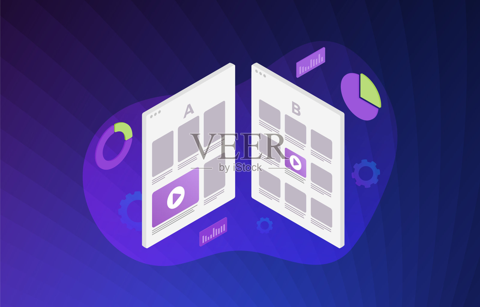 A B分裂测试插图概念-两个网页与不同的web开发UI界面。A-B比较与正反馈，平面矢量图标与紫罗兰背景插画图片素材