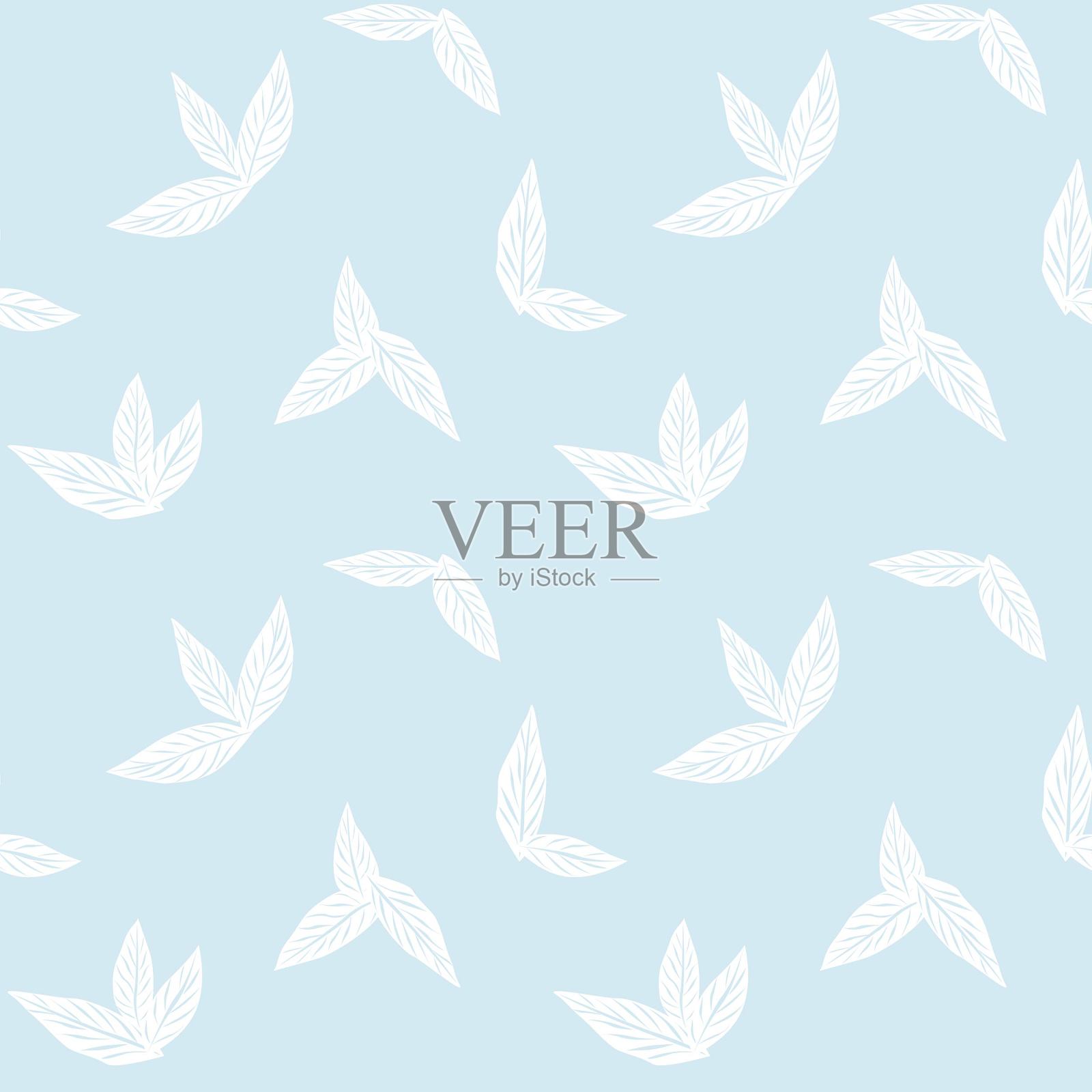 天蓝色热带叶子无缝图案背景插画图片素材