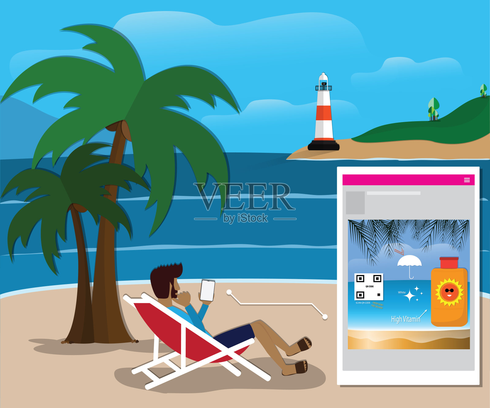 平面的GPS技术概念，在线营销者使用GPS从智能手机传感器发送广告给客户-向量插画图片素材