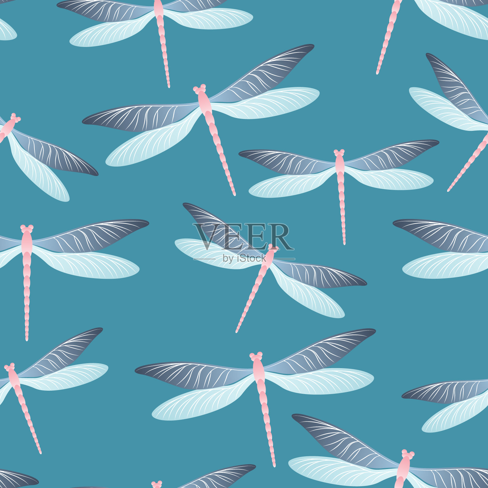 蜻蜓彩色无缝图案。春装面料印花与飞蛇昆虫。插画图片素材