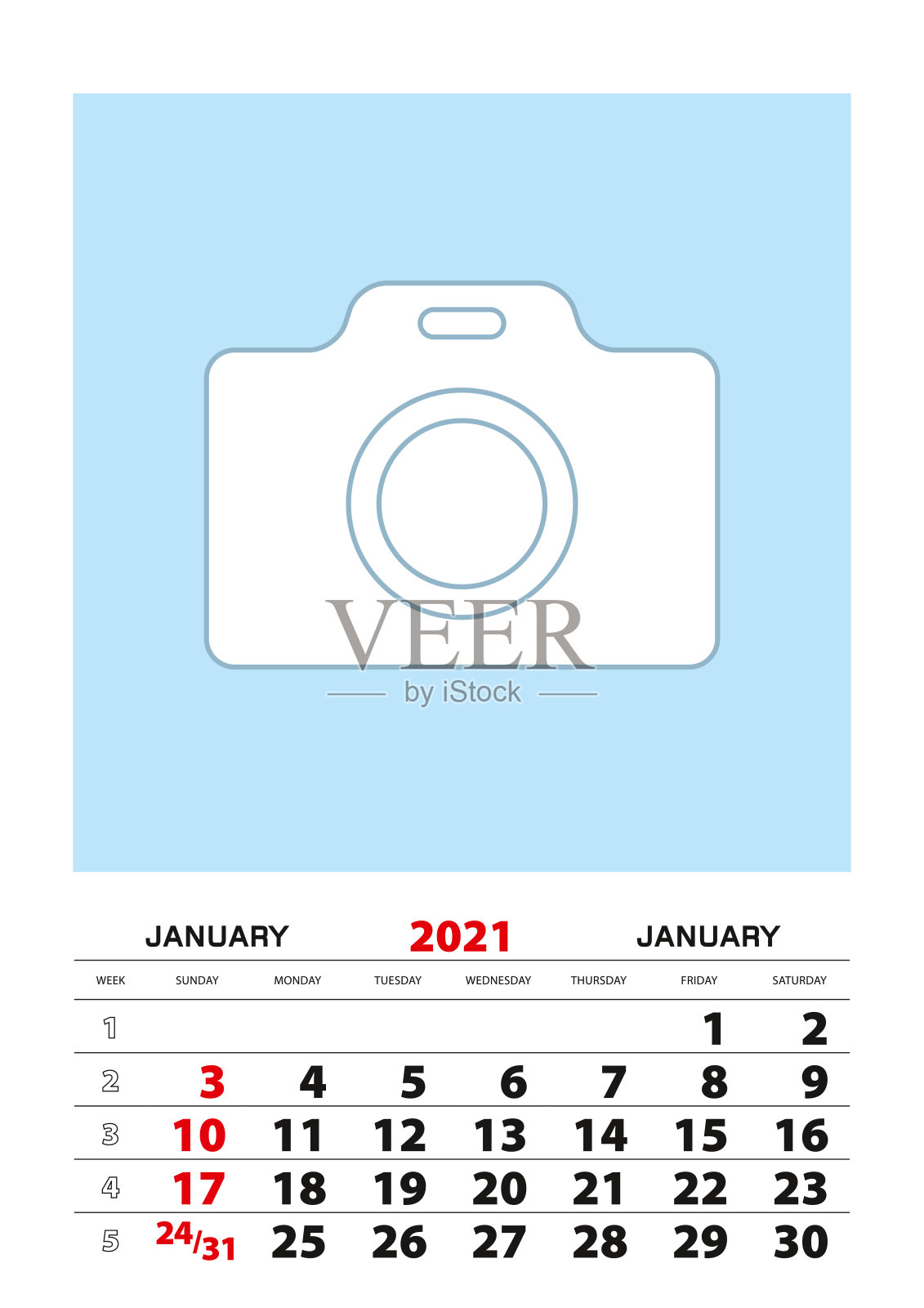 1月2021年日历计划A3大小的地方为您的照片。设计模板素材
