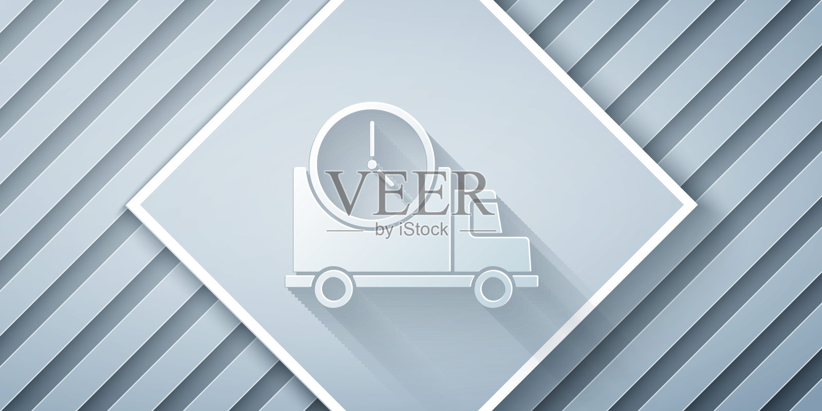 剪纸物流配送卡车和时钟图标孤立在灰色背景。交货时间图标。纸艺术风格。矢量图插画图片素材