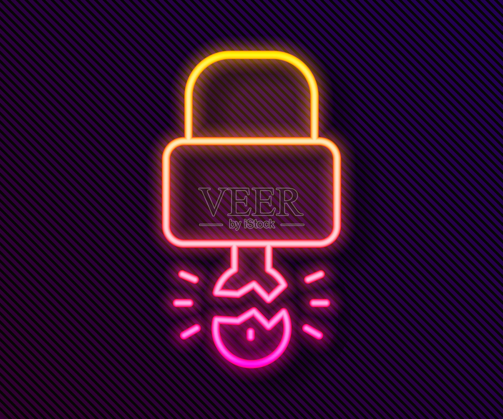 发光的霓虹线钥匙打破锁图标内隔离在黑色背景。挂锁的迹象。安全、安全、保护、隐私的理念。矢量图插画图片素材