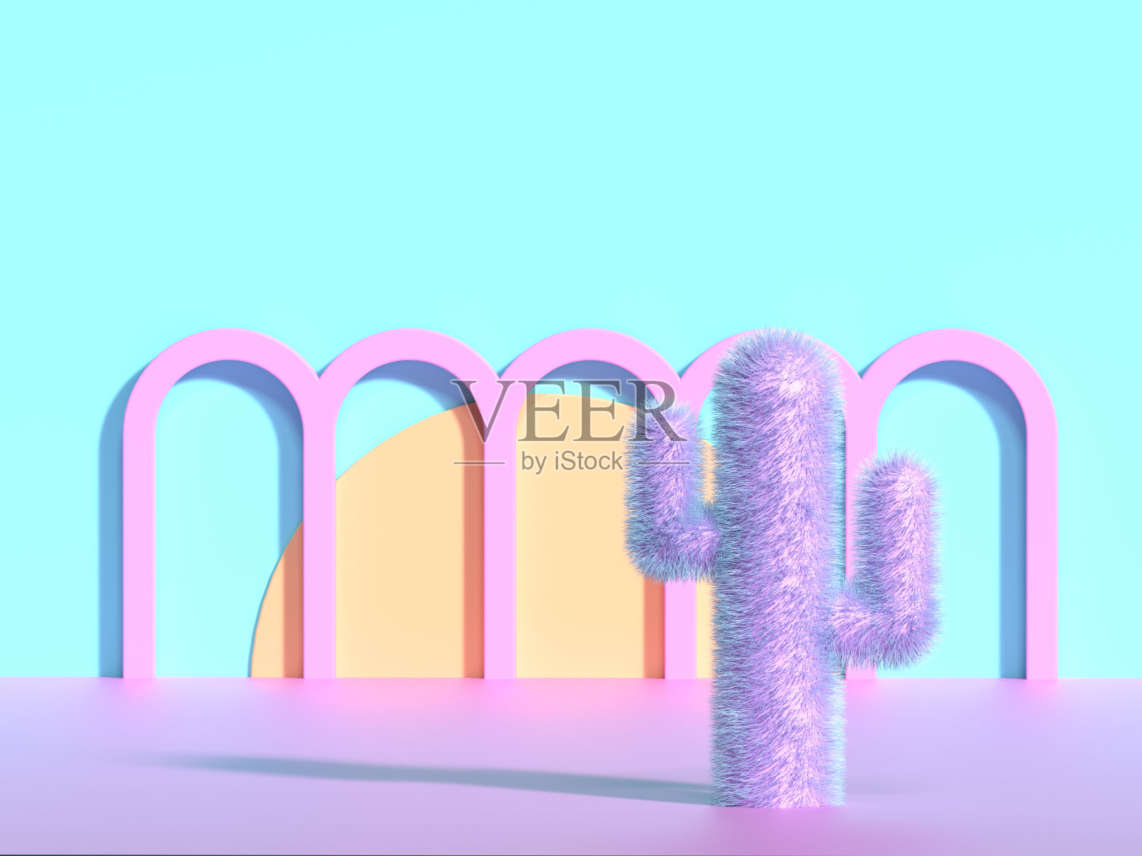 3 d渲染。松软的粉红色仙人掌在背景的拱门和日落在最小的时尚风格。复古的80年代和90年代的墨西哥概念插画图片素材
