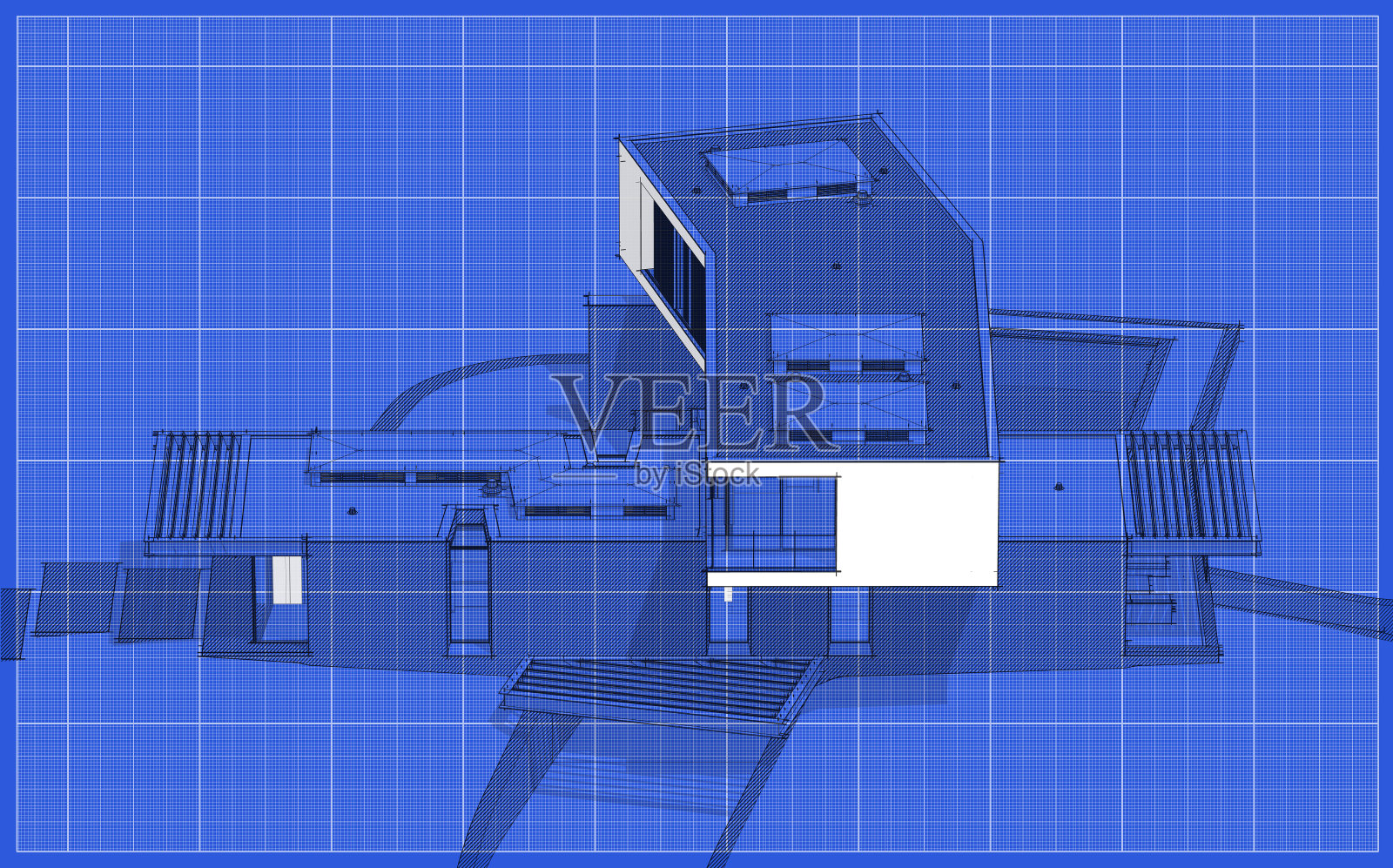 3d渲染的现代房子在山上与水池黑色线在蓝图的背景照片摄影图片